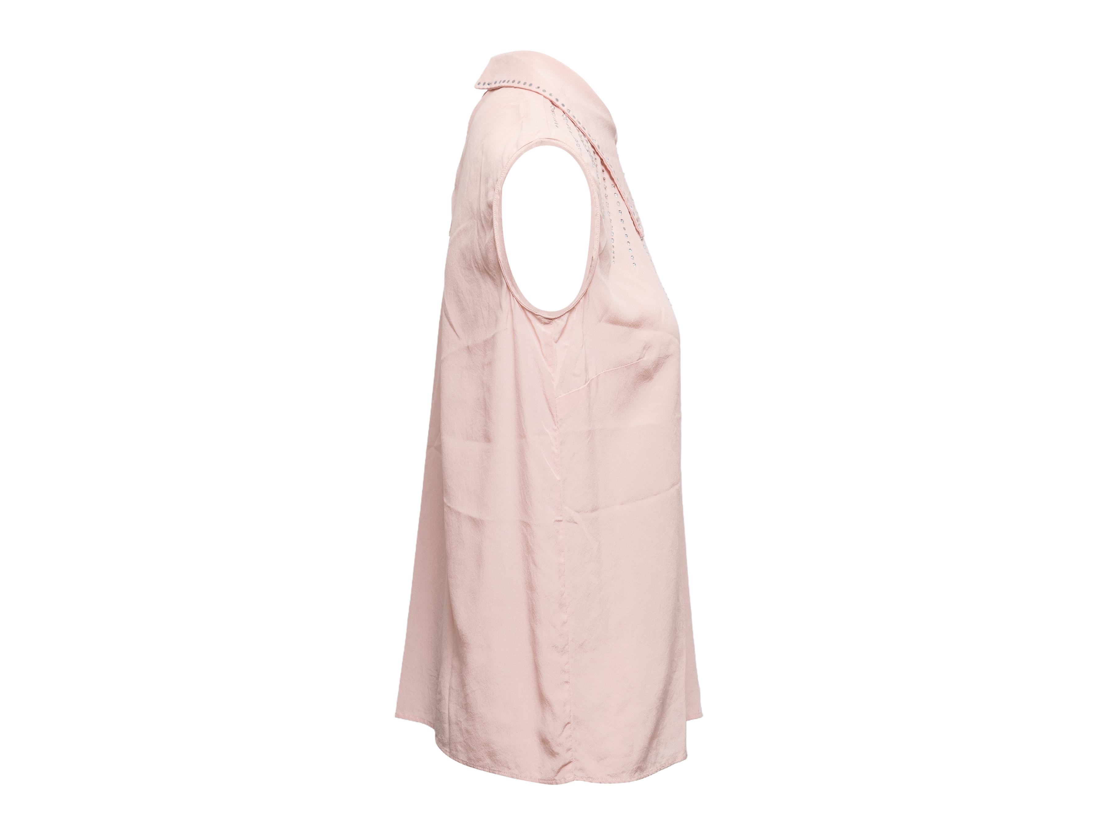 Light pink crystal-embellished sleeveless top by Miu Miu. Pointed collar. Keyhole featuring button closure at nape. 40