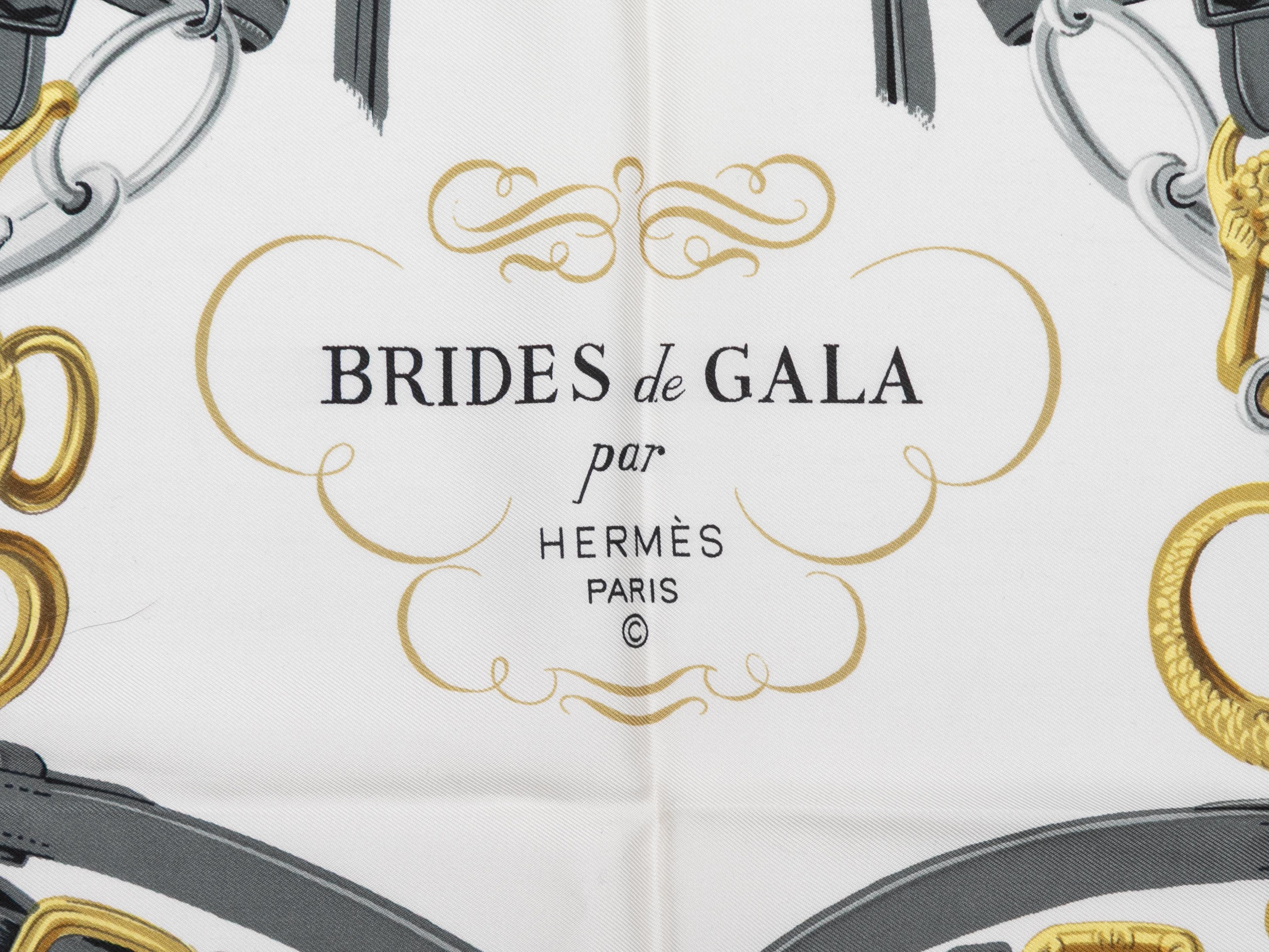 Product Details: Light pink and multicolor Brides be Gala motif print silk scarf by Hermes. 34