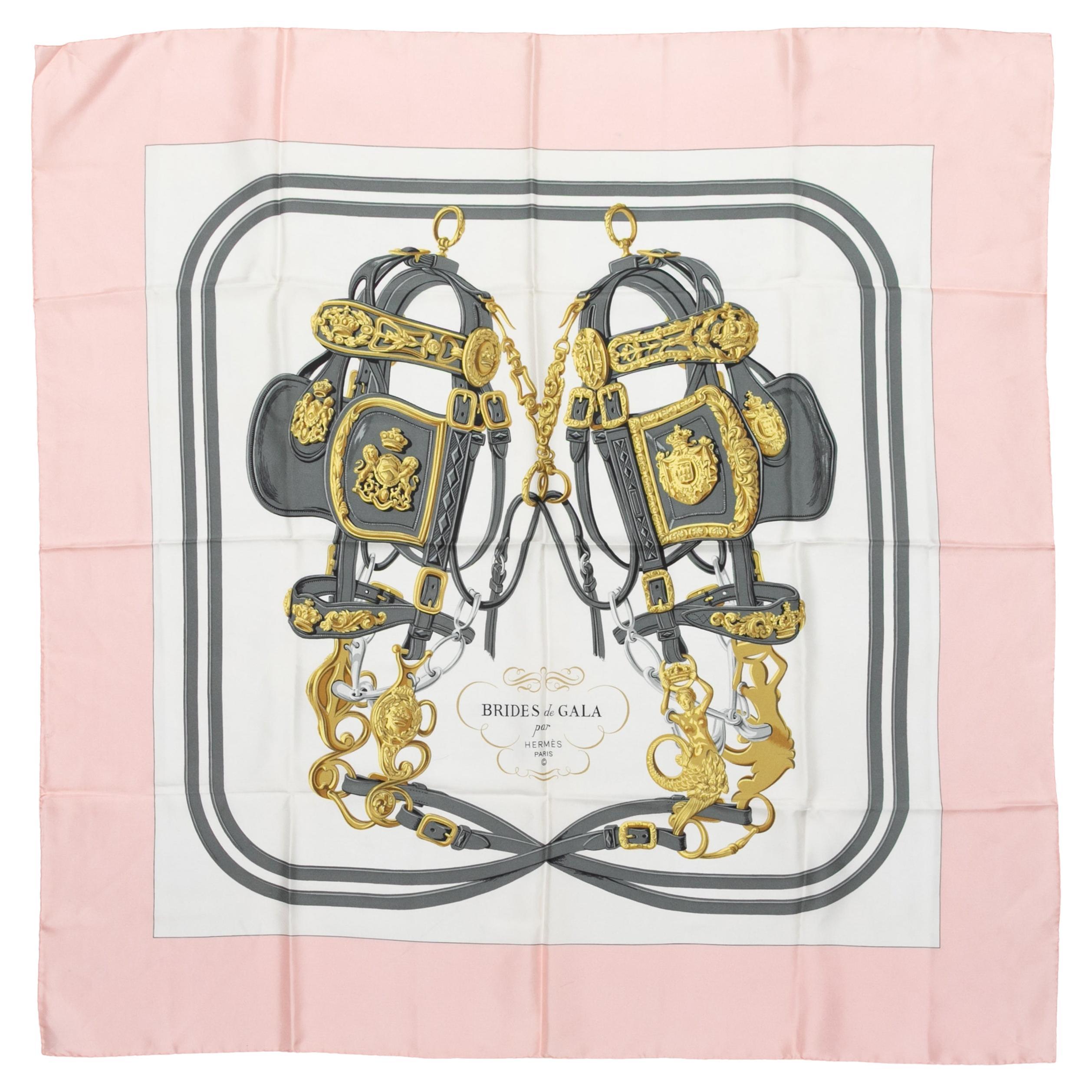 Light Pink & Multicolor Hermes Brides de Gala Motif Print Silk Scarf For Sale