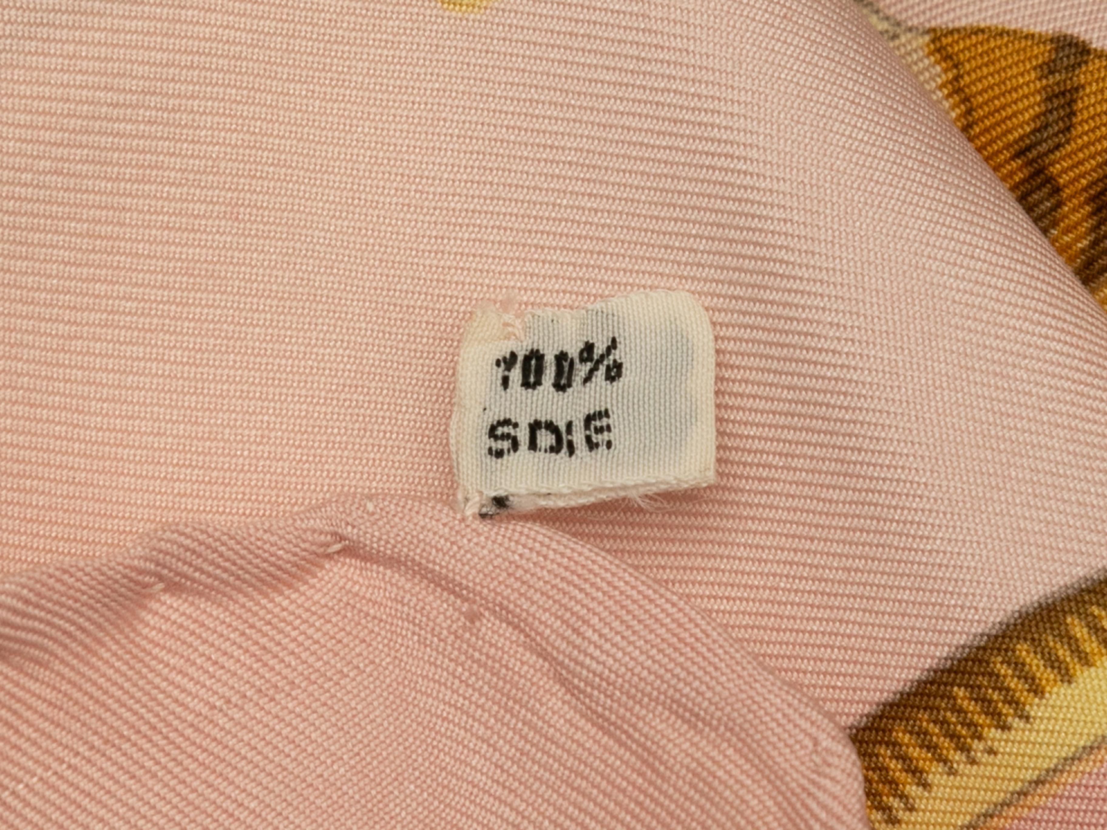 Product Details: Light pink and multicolor Caraibes motif printed silk scarf by Hermes. 35