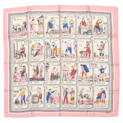 Sciarpa in seta stampata rosa chiaro e multicolore Hermes L'alphabet Des Metiers Motif