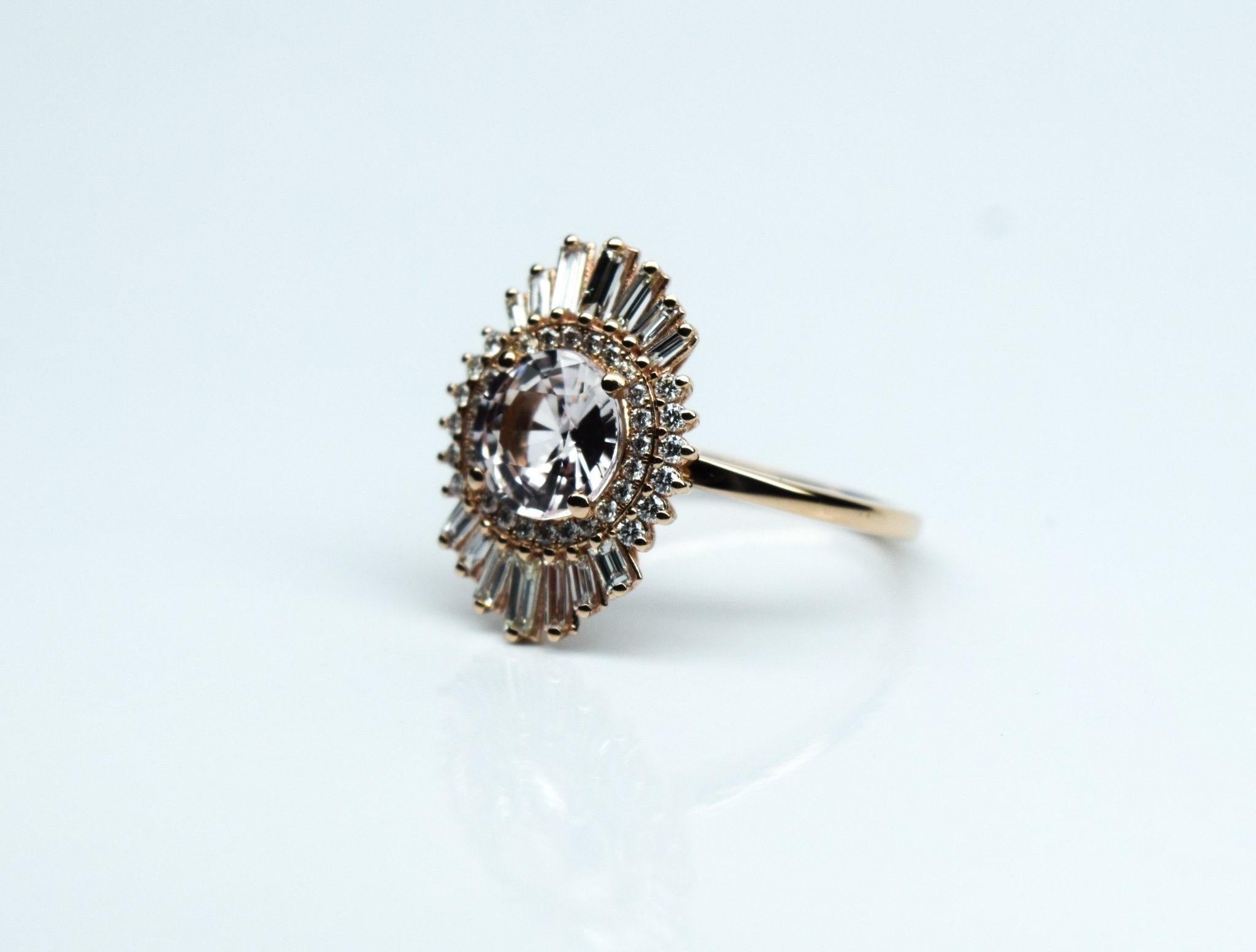 Baguette Cut Light Pink Sapphire Diamond ring 18KT gold Rare Pastel engagement ring Baguette For Sale