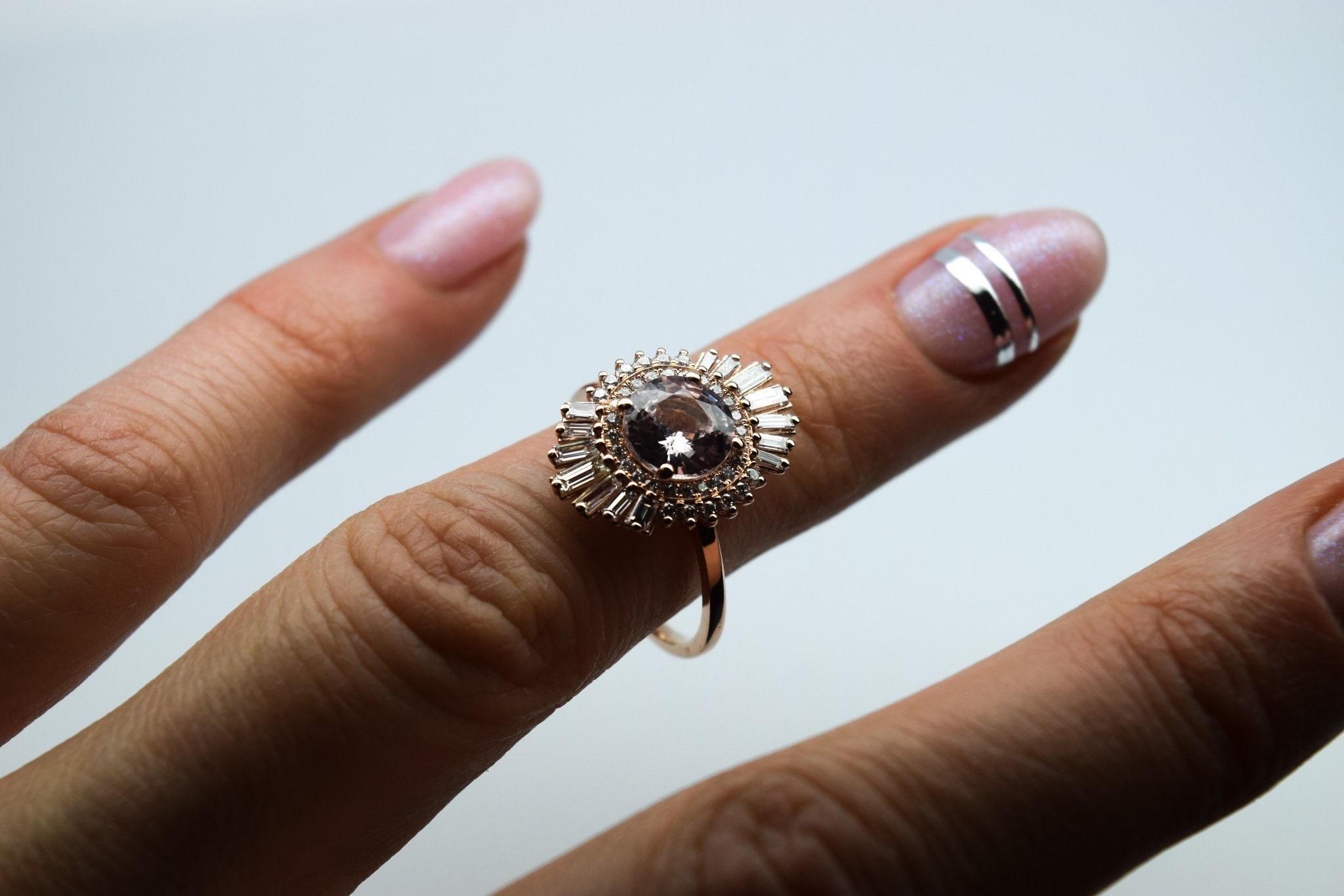 Light Pink Sapphire Diamond ring 18KT gold Rare Pastel engagement ring Baguette In New Condition For Sale In Boca Raton, FL
