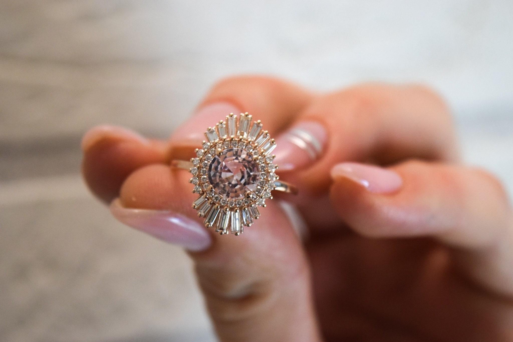 Women's or Men's Light Pink Sapphire Diamond ring 18KT gold Rare Pastel engagement ring Baguette For Sale