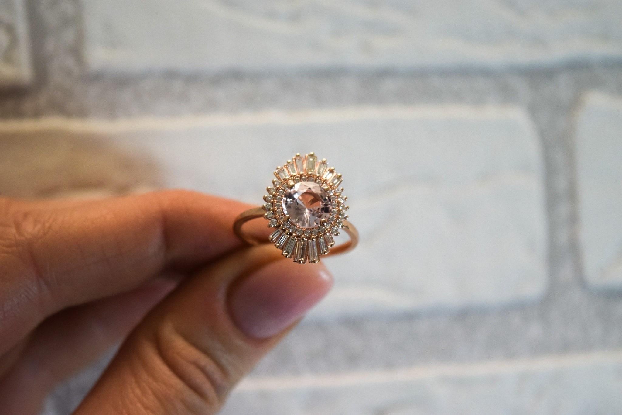 Light Pink Sapphire Diamond ring 18KT gold Rare Pastel engagement ring Baguette For Sale 1