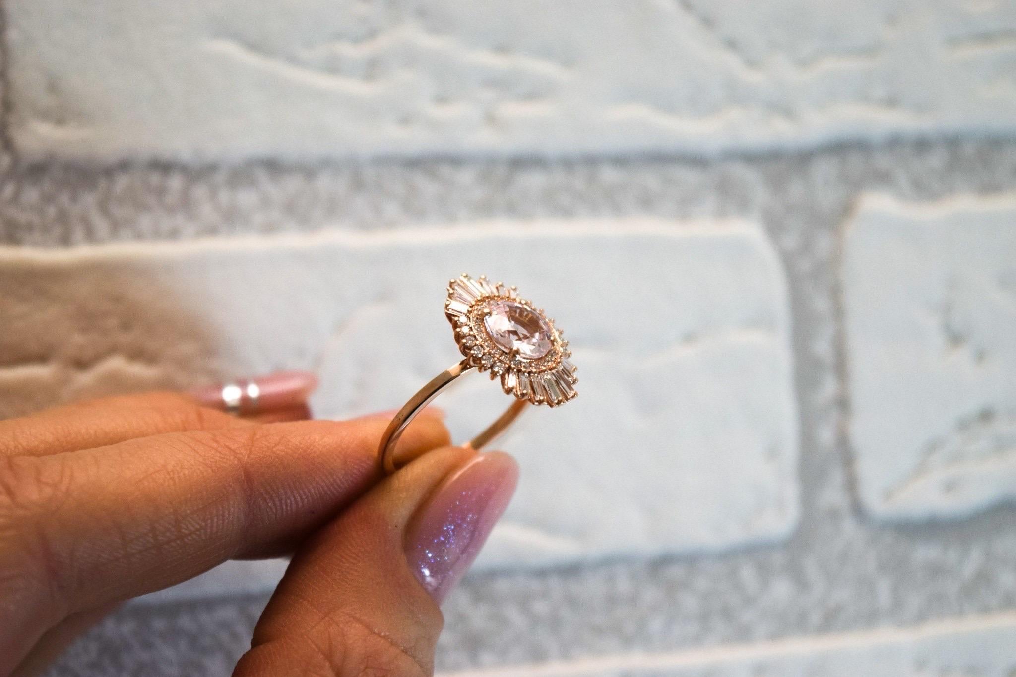 Light Pink Sapphire Diamond ring 18KT gold Rare Pastel engagement ring Baguette For Sale 2