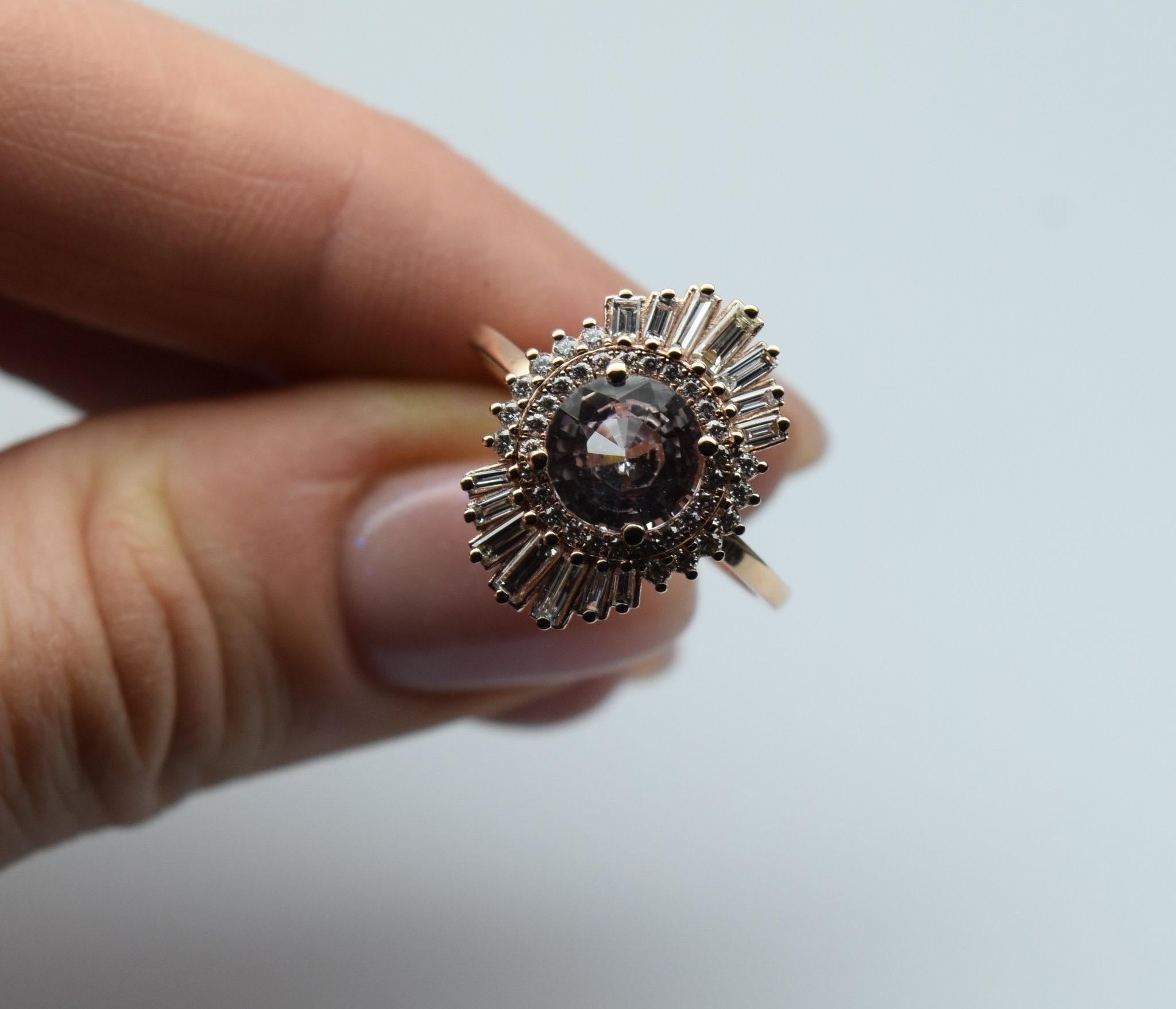 Light Pink Sapphire Diamond ring 18KT gold Rare Pastel engagement ring Baguette For Sale 3