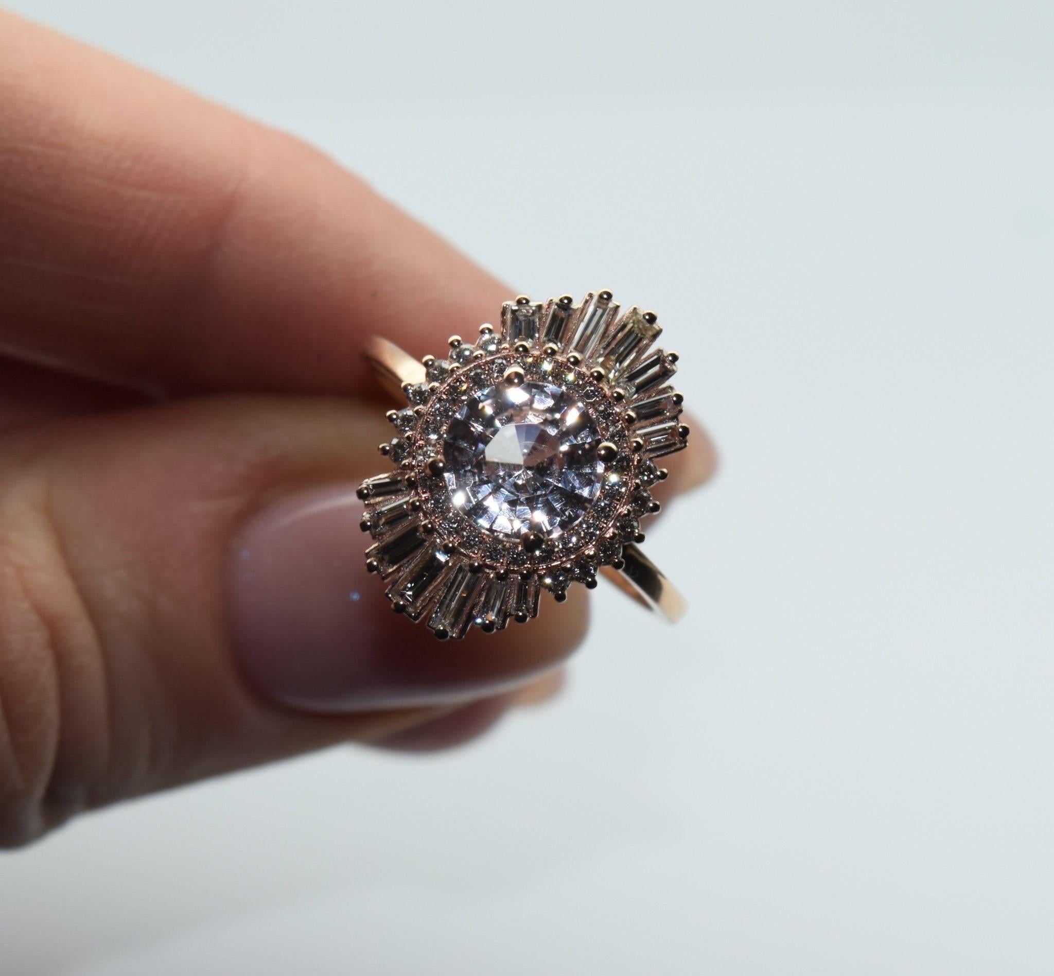 Light Pink Sapphire Diamond ring 18KT gold Rare Pastel engagement ring Baguette For Sale 4