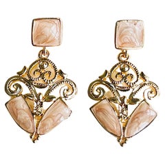 Light Pink Square Enamel Relief Baroque Openwork Long Drop Gold Pierced Earrings
