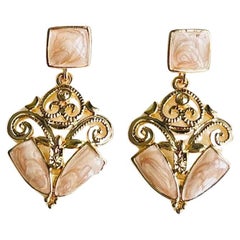 Light Pink Square Enamel Relief Baroque Openwork Long Drop Gold Pierced Earrings