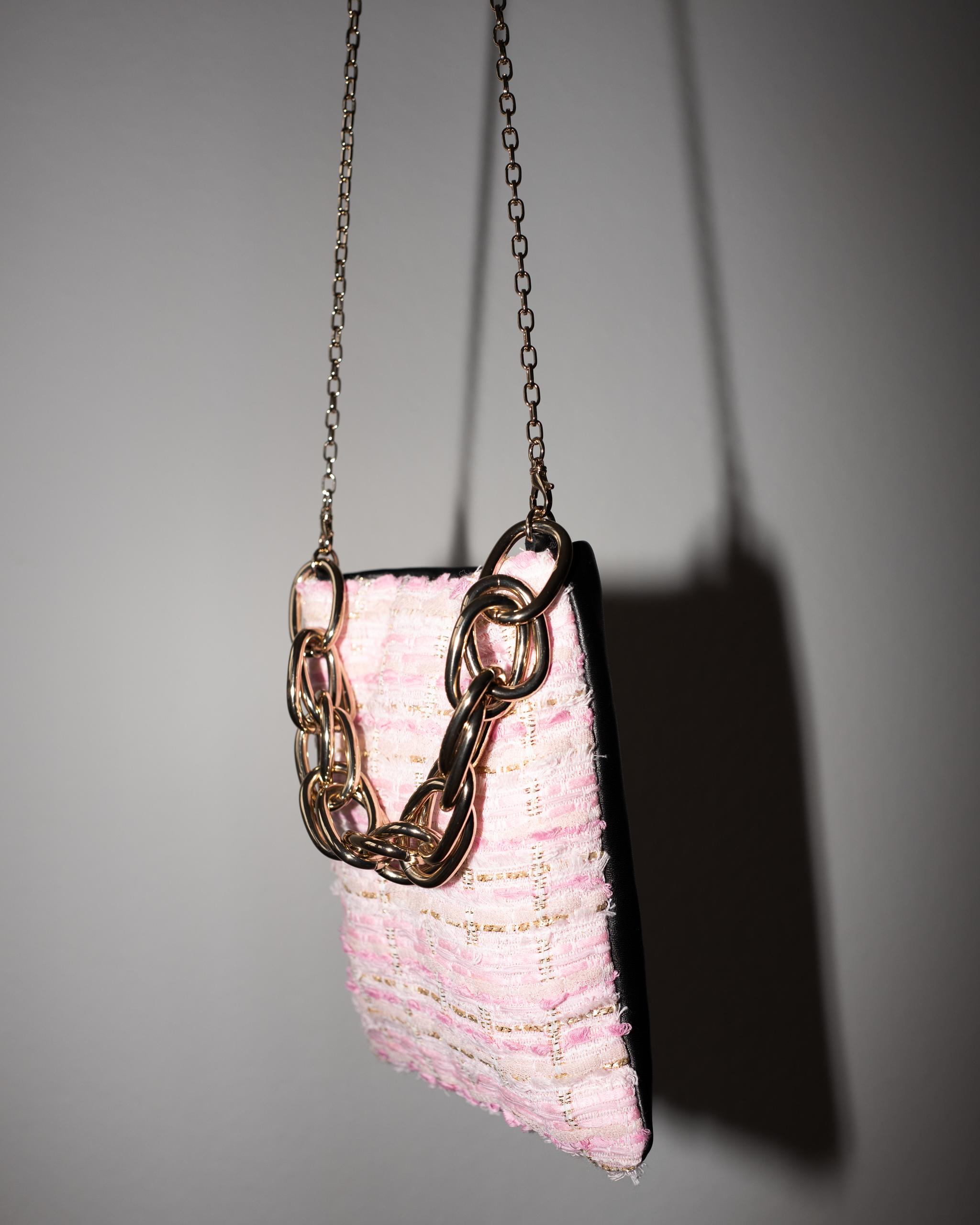 Pastel Light Pink Tweed Black Italian Napa Leather Gold Chain Shoulder Bag 1