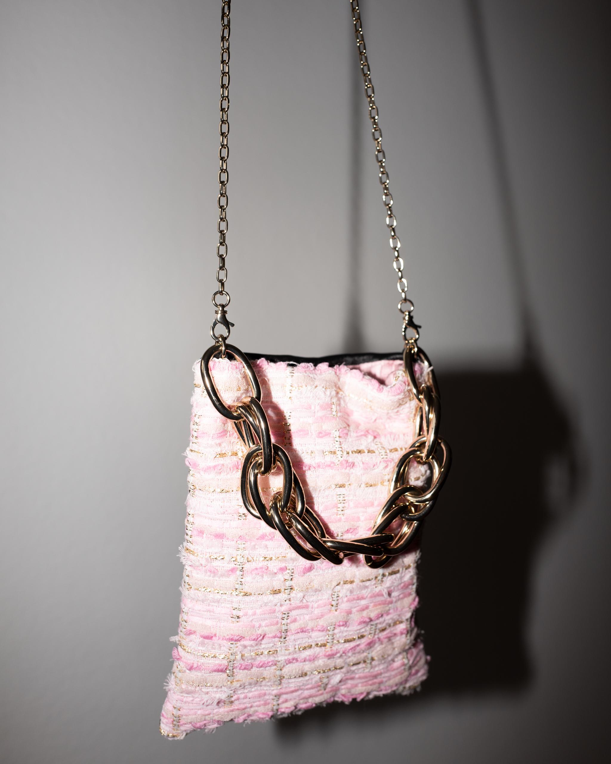 Pastel Light Pink Tweed Black Italian Napa Leather Gold Chain Shoulder Bag 2