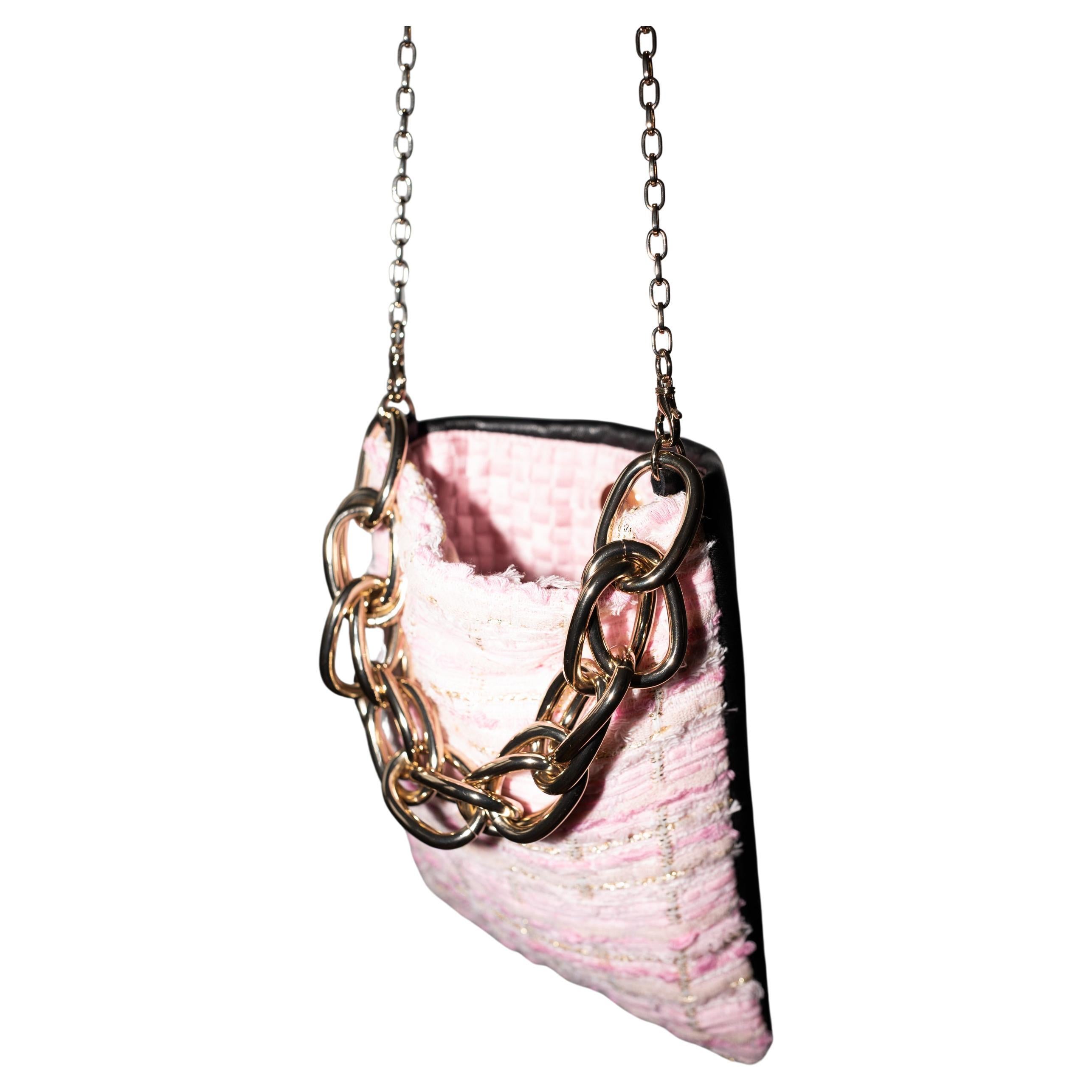 Pastel Light Pink Tweed Black Italian Napa Leather Gold Chain Shoulder Bag For Sale