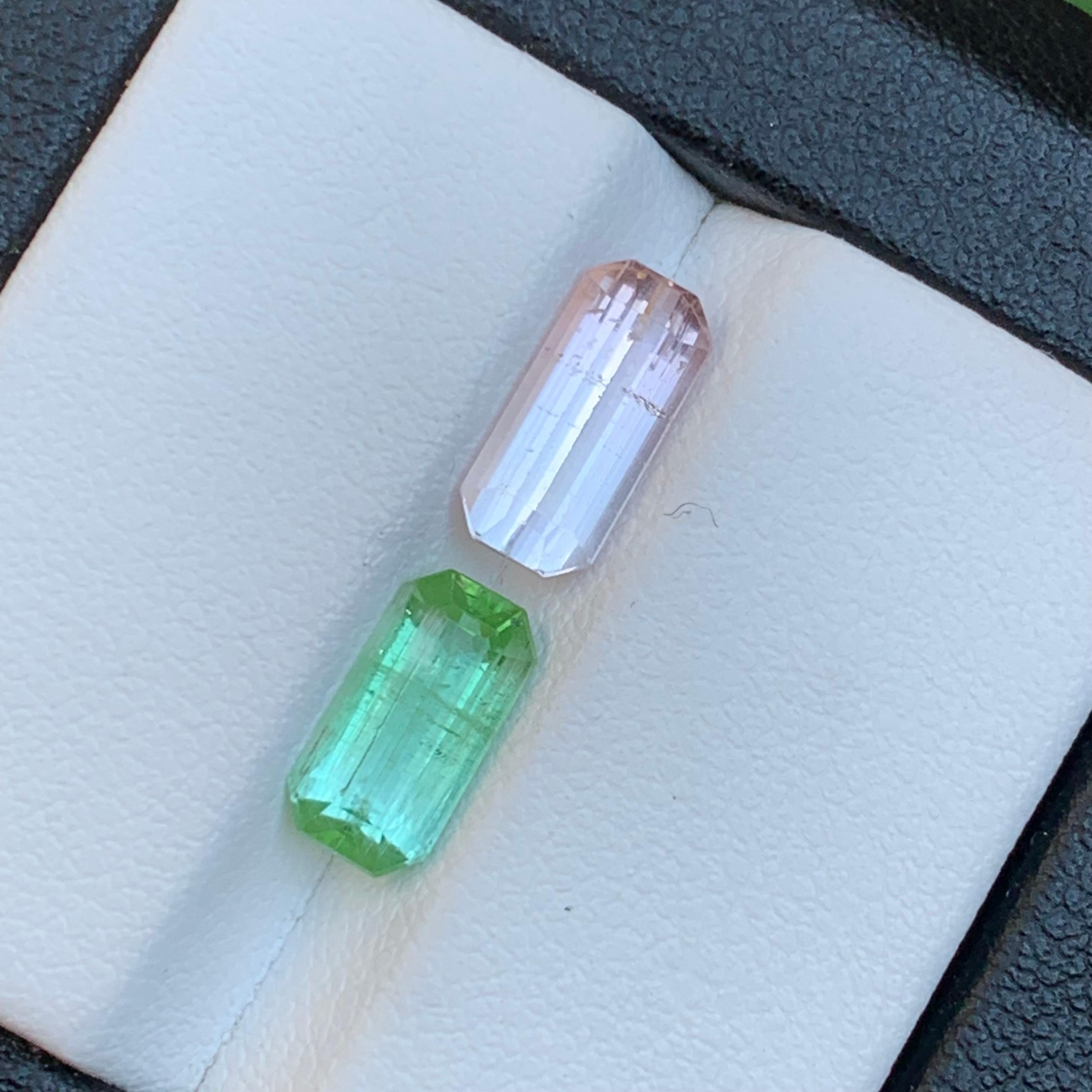 Taille émeraude Pierres précieuses non serties, tourmaline naturelle rose clair et vert vif taille émeraude de 3,45 carats en vente