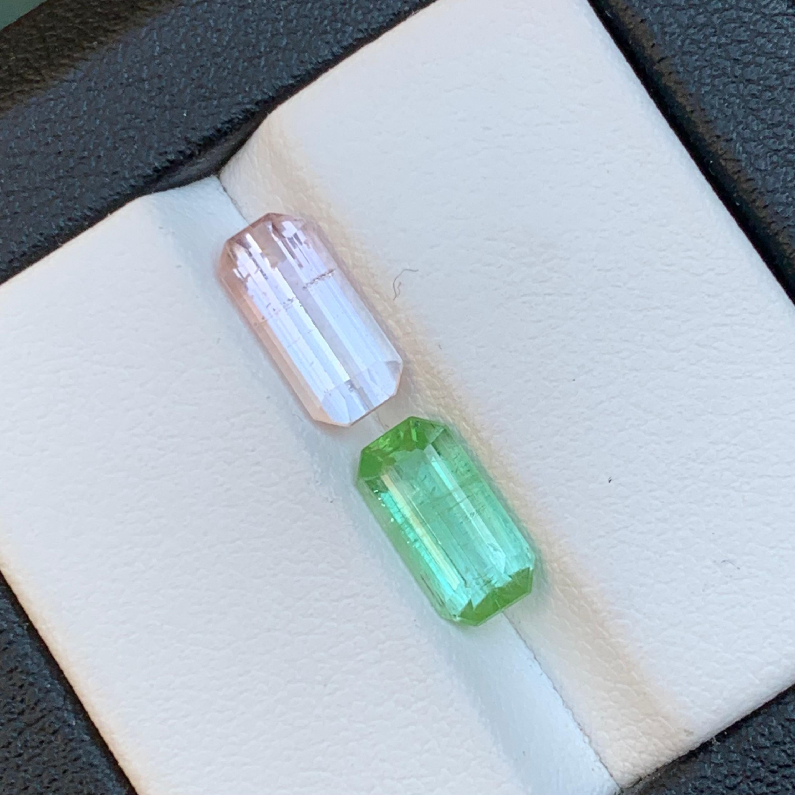 Pierres précieuses non serties, tourmaline naturelle rose clair et vert vif taille émeraude de 3,45 carats en vente 2
