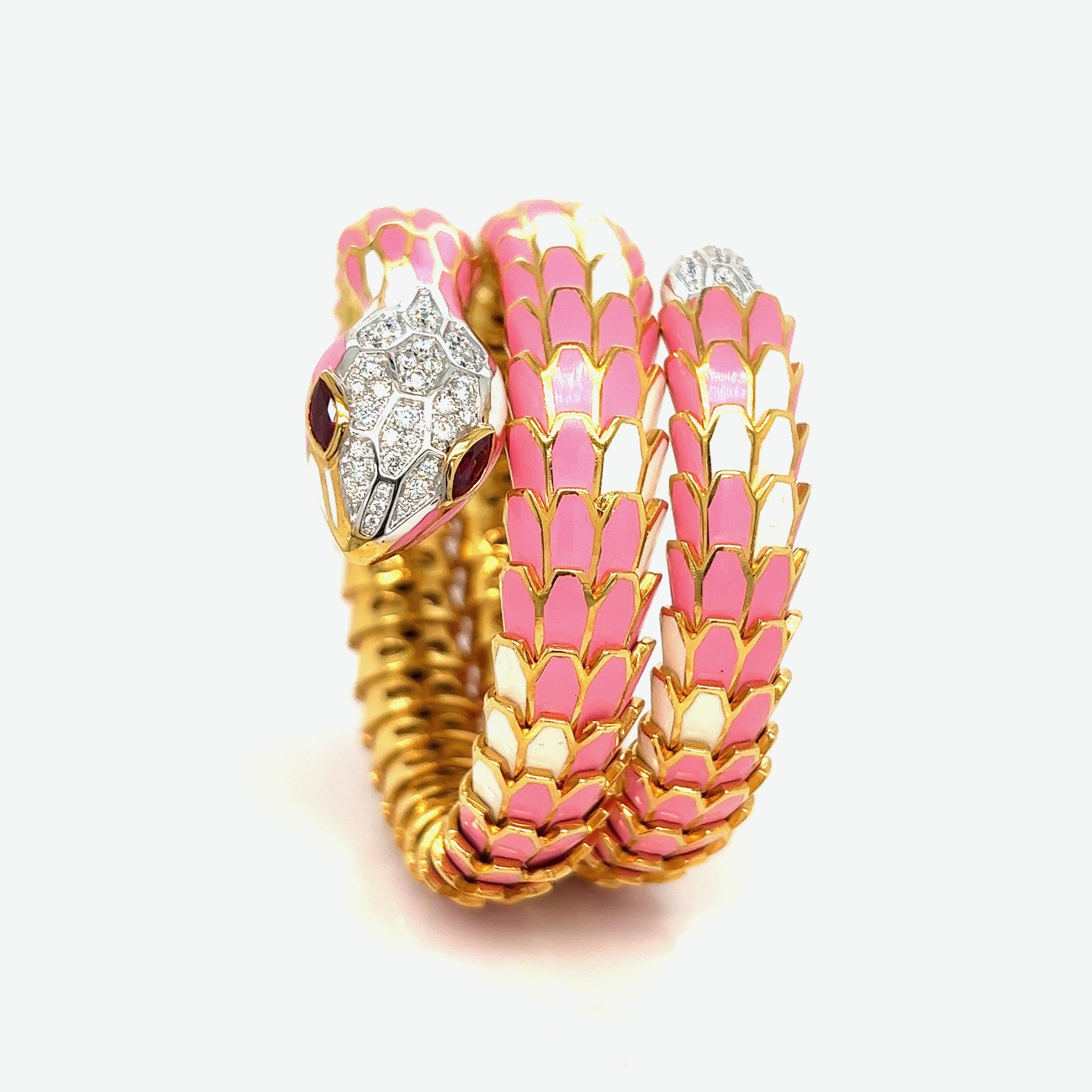 Light pink and white enamel snake wrap bracelet 

Marquise-shaped rubies of 0.56 carat, round brilliant-cut diamonds of 1.10 carat, 18 karat white gold, sterling silver with a tone of yellow gold; marked 750, 925, D. 1.10, R. 0.56

Inner