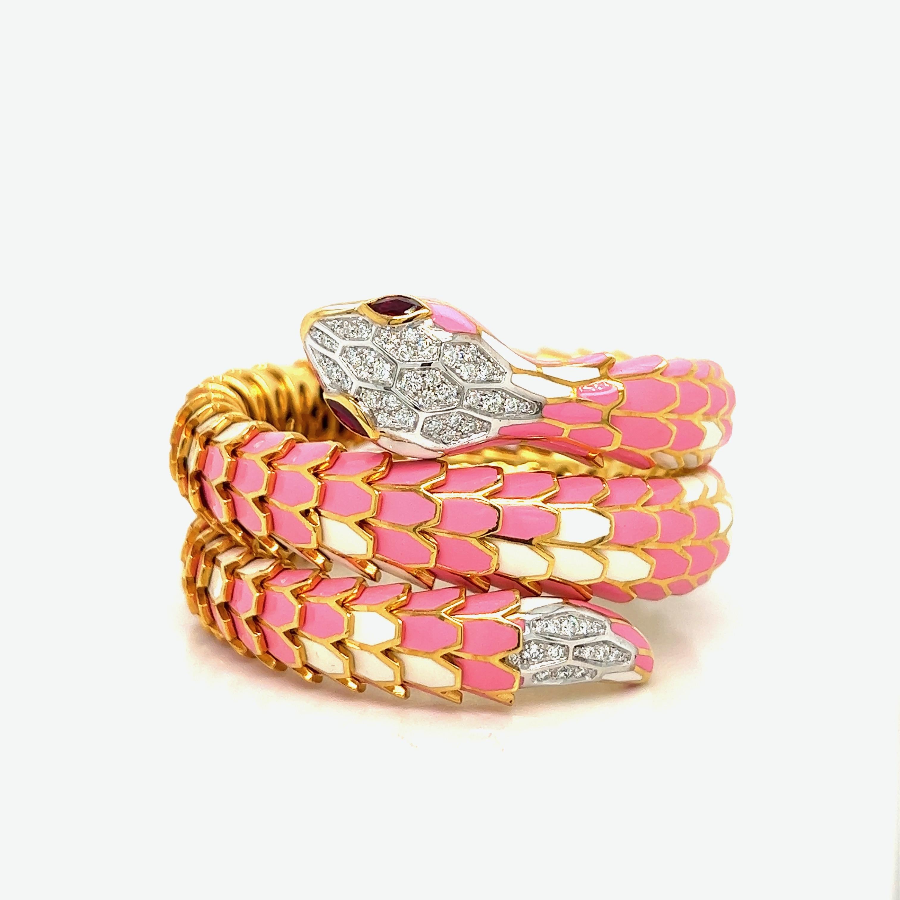Brilliant Cut Light Pink & White Enamel Snake Wrap Bracelet
