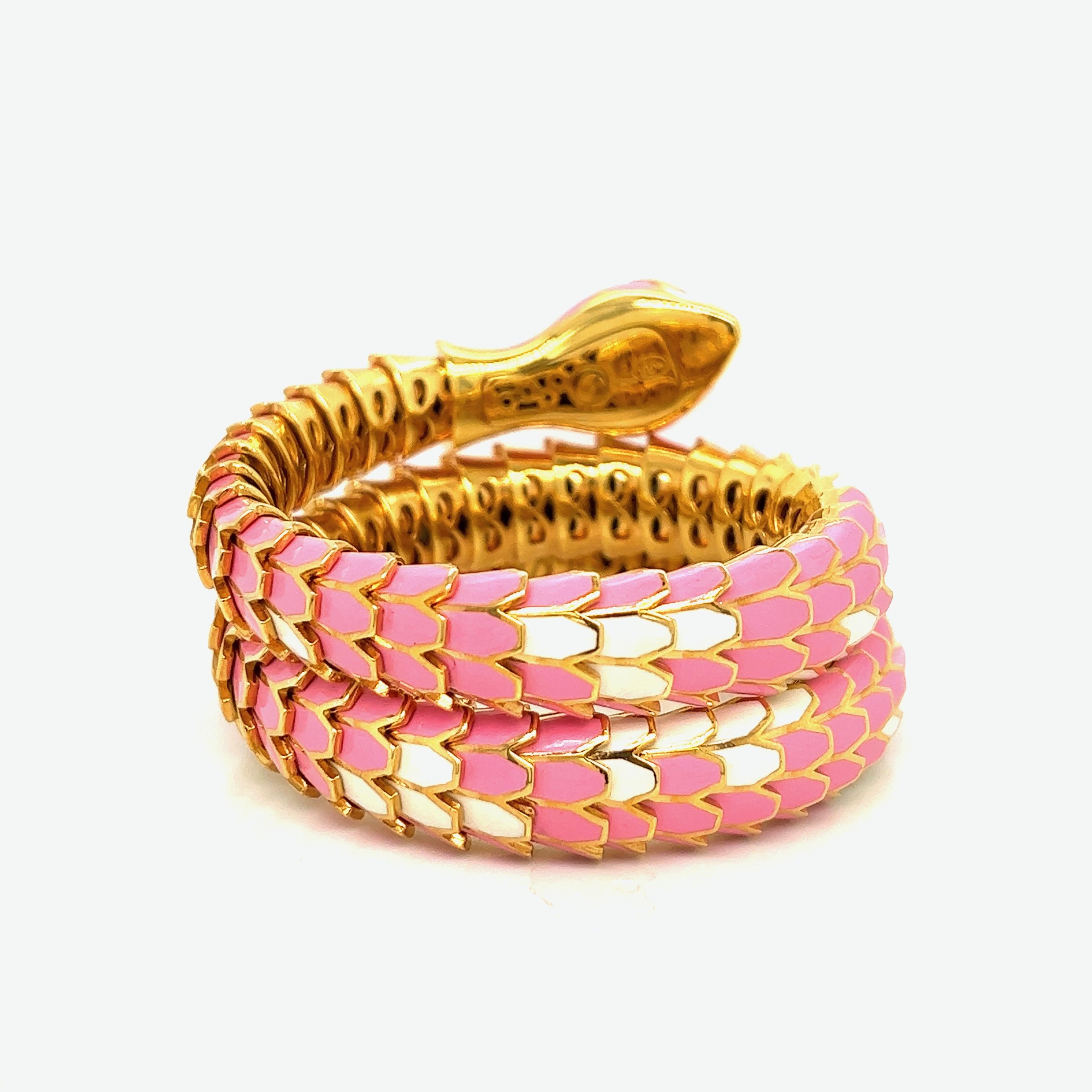Light Pink & White Enamel Snake Wrap Bracelet In New Condition In New York, NY