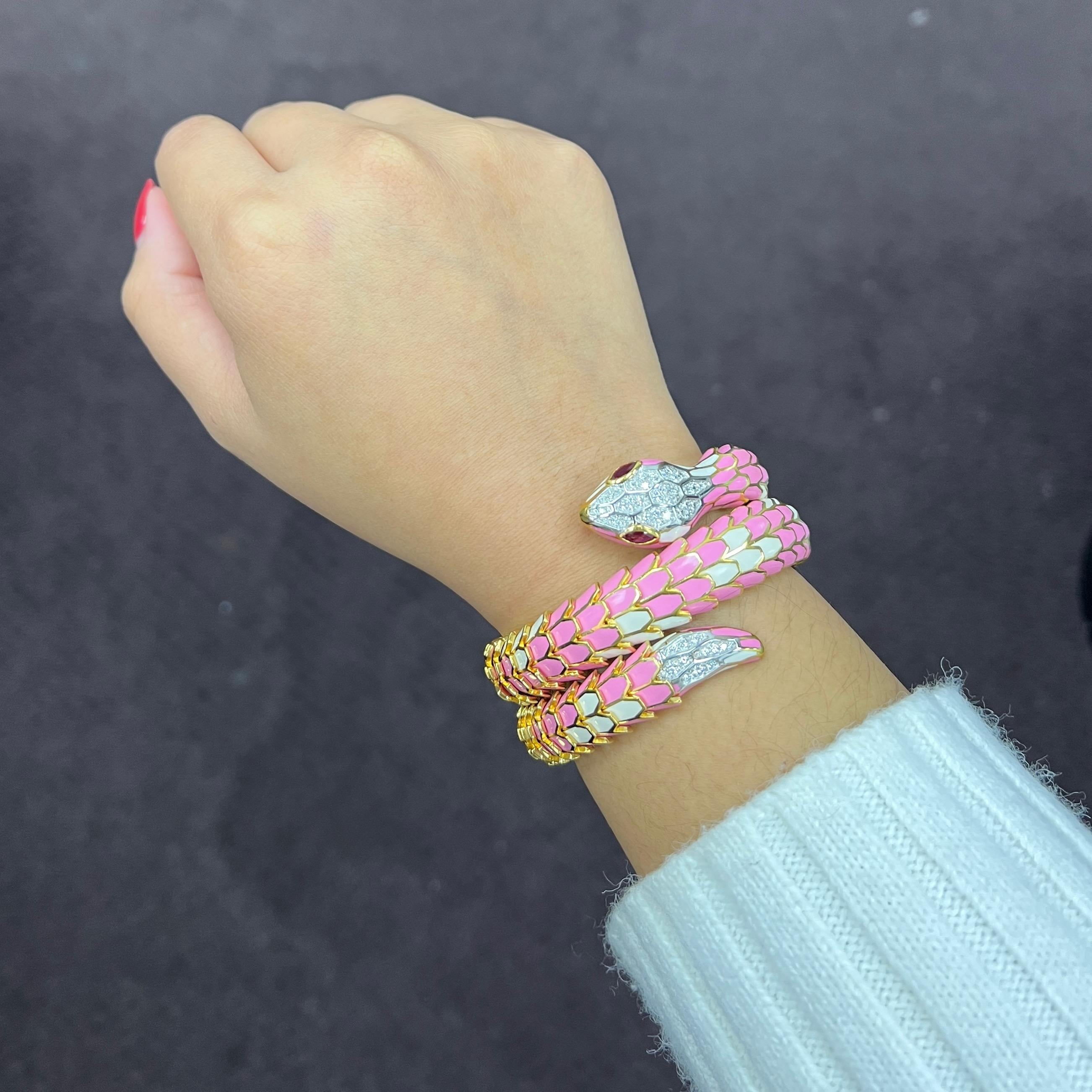 Light Pink & White Enamel Snake Wrap Bracelet 1