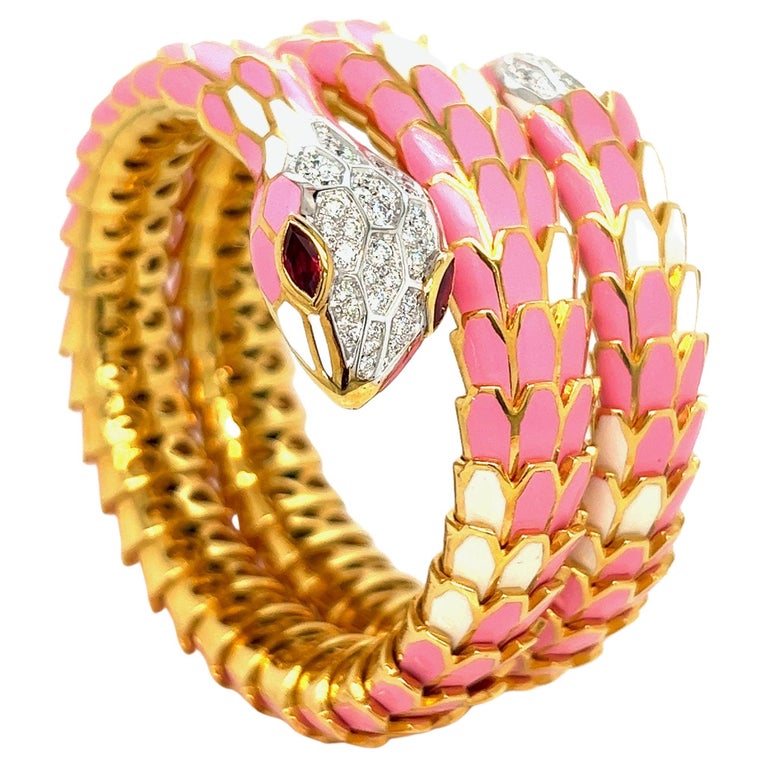 Light Pink and White Enamel Snake Wrap Bracelet For Sale at 1stDibs