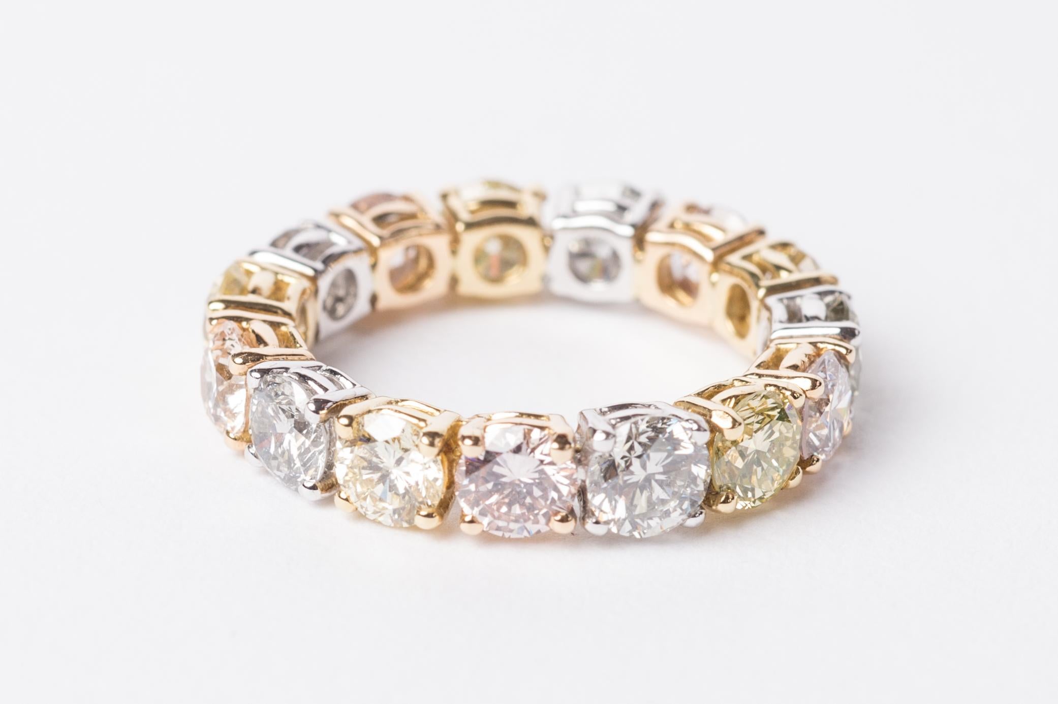 A classic full eternity ring with a twist, this beautiful piece is truly special. This ring combines striking diamonds chosen from the Haruni vault, bringing together pink, yellow and grey stones that perfectly complement one another. The round