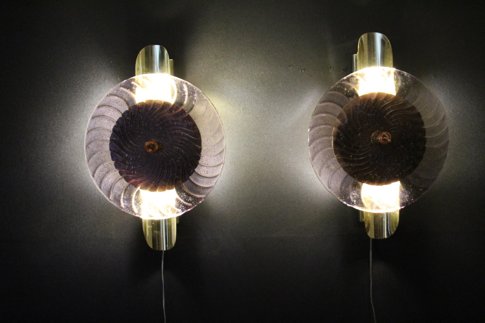 Light Purple and Golden Murano Glass Wall Lights In Large Disc Shape For Sale 4