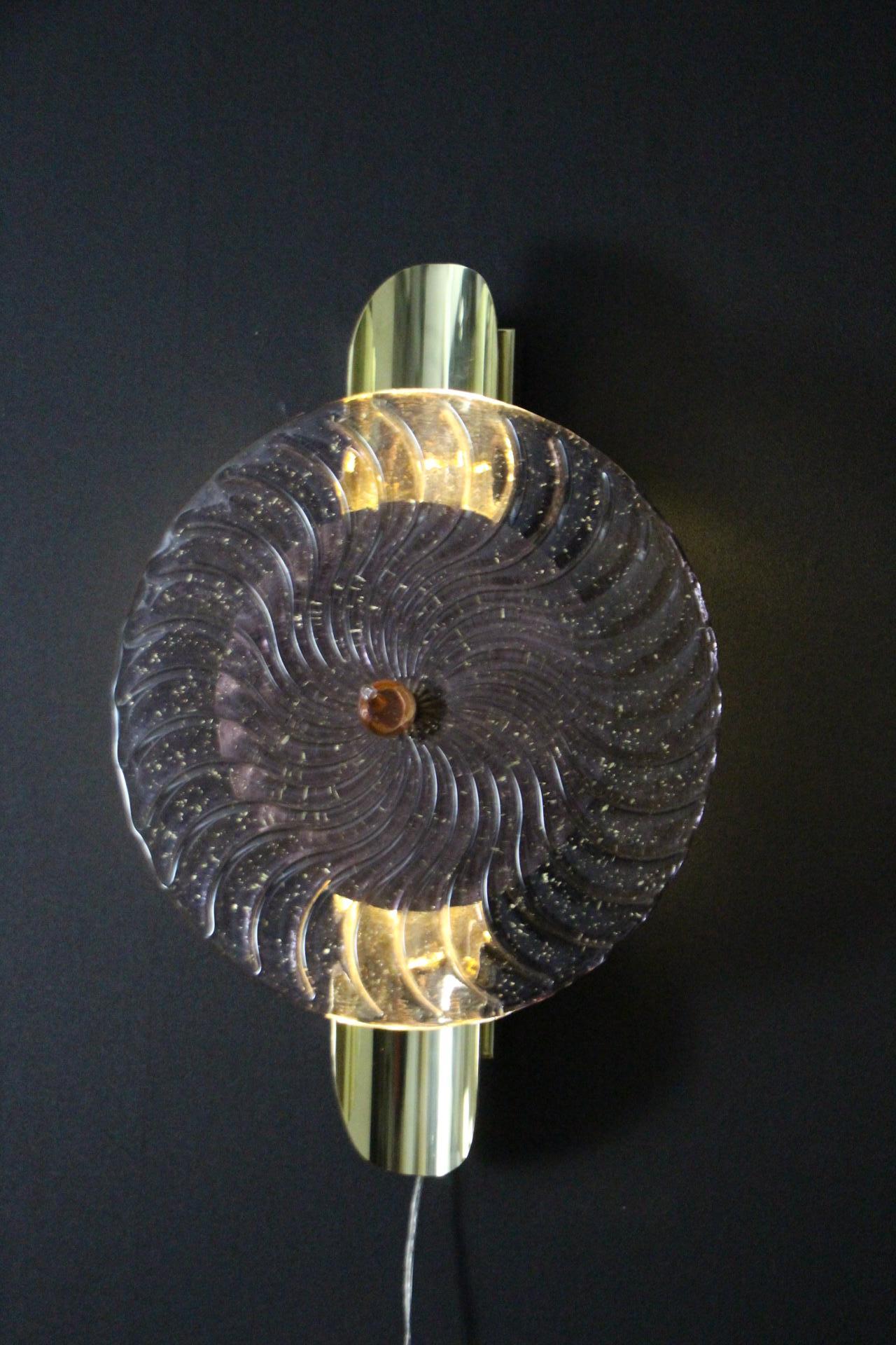 Light Purple and Golden Murano Glass Wall Lights In Large Disc Shape For Sale 6