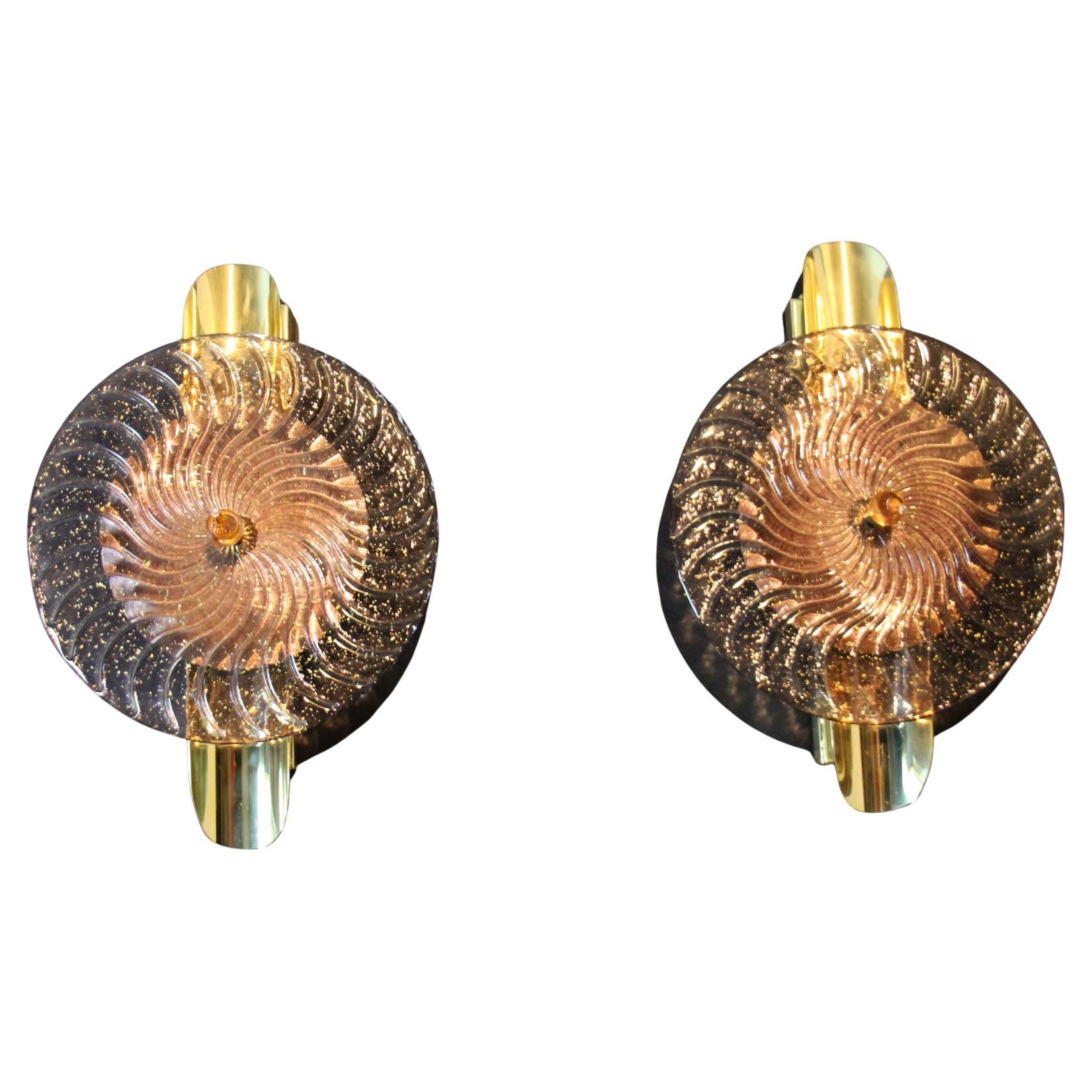 Light Purple and Golden Murano Glass Wall Lights In Large Disc Shape For Sale