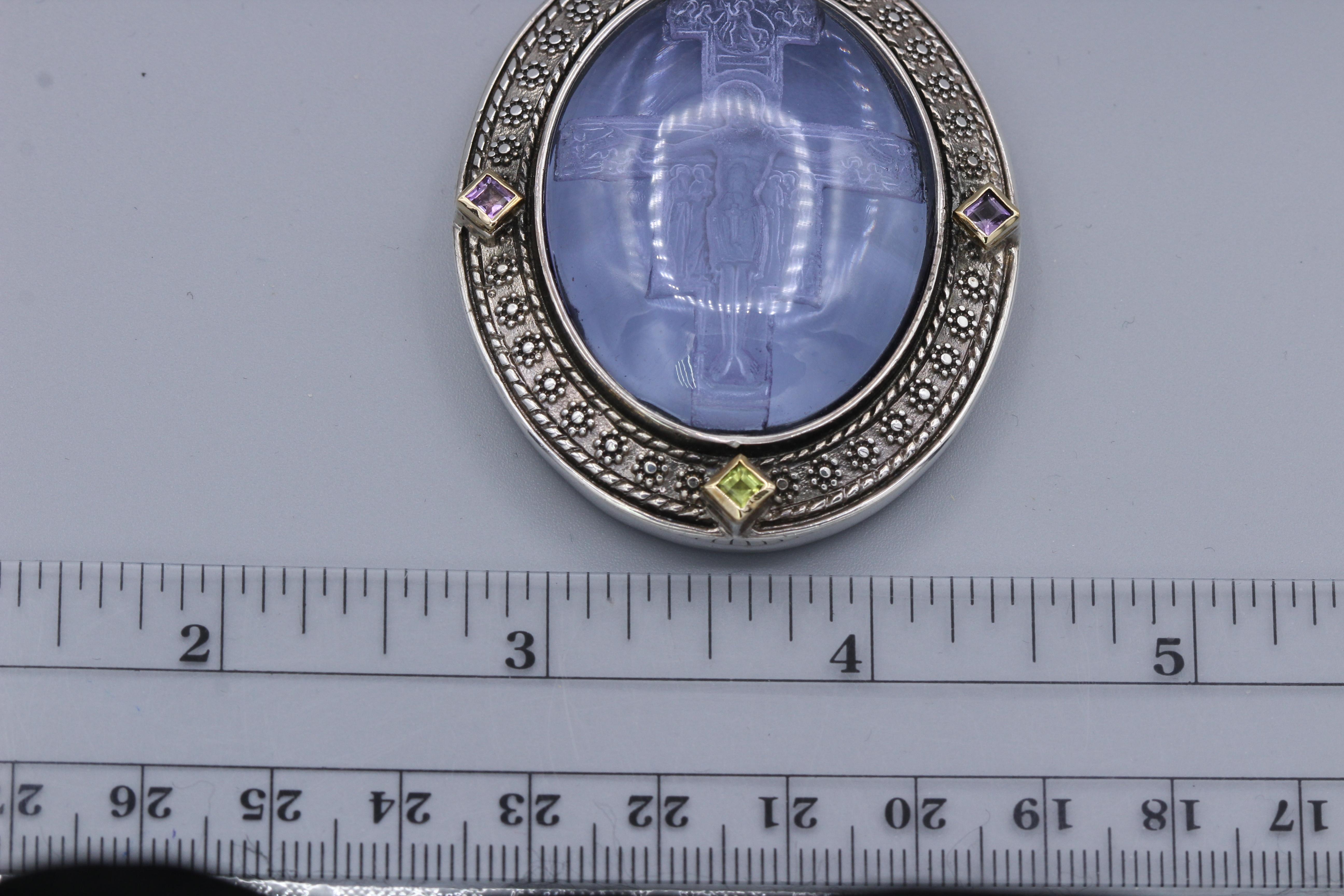 Gothic Revival Italian Venetian Murano Glass Pendant Cameo of Crucified Cross in Silver  For Sale
