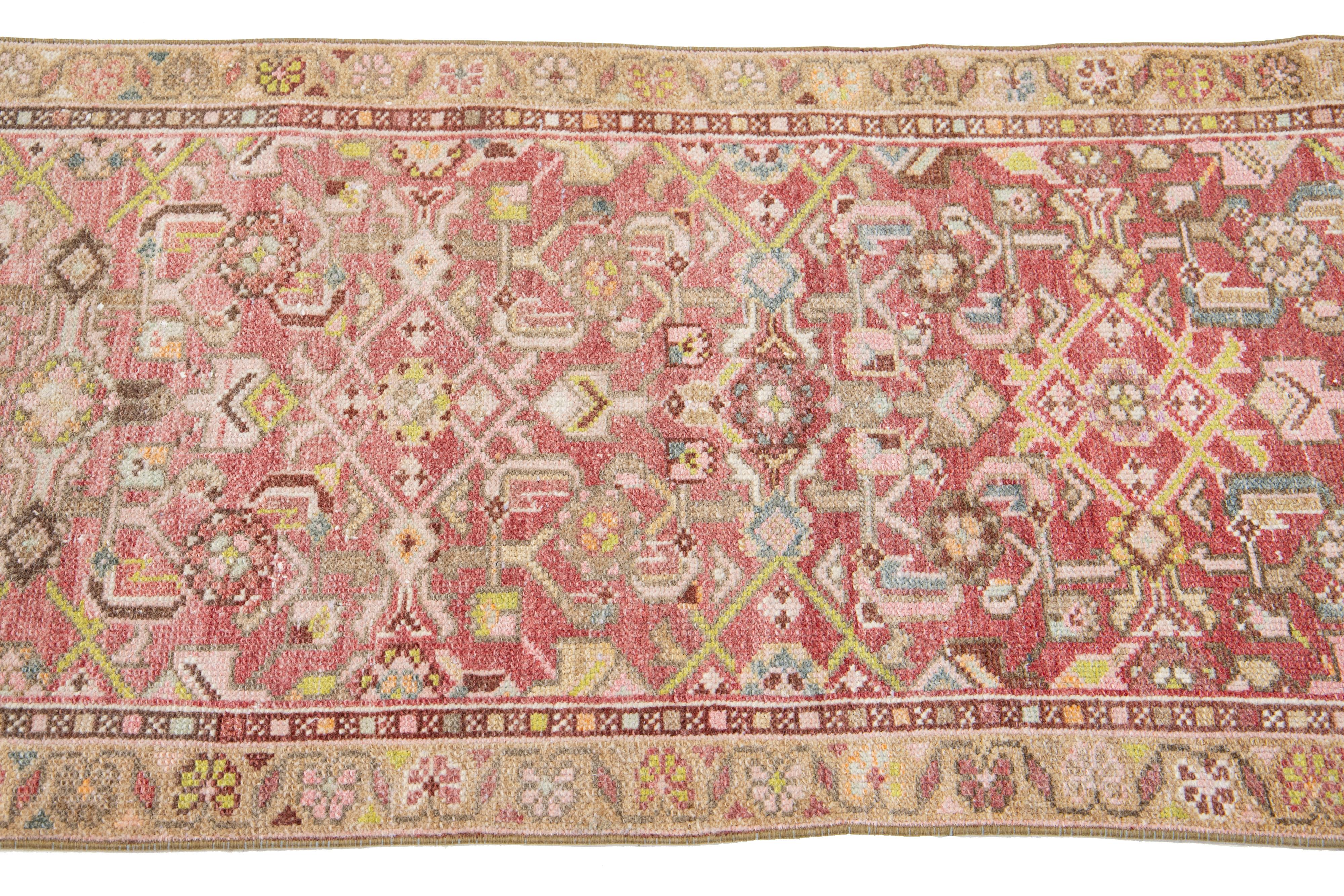 Light Red Antique Handmade Persian Heriz Wool Runner with Allover Motif In Good Condition For Sale In Norwalk, CT