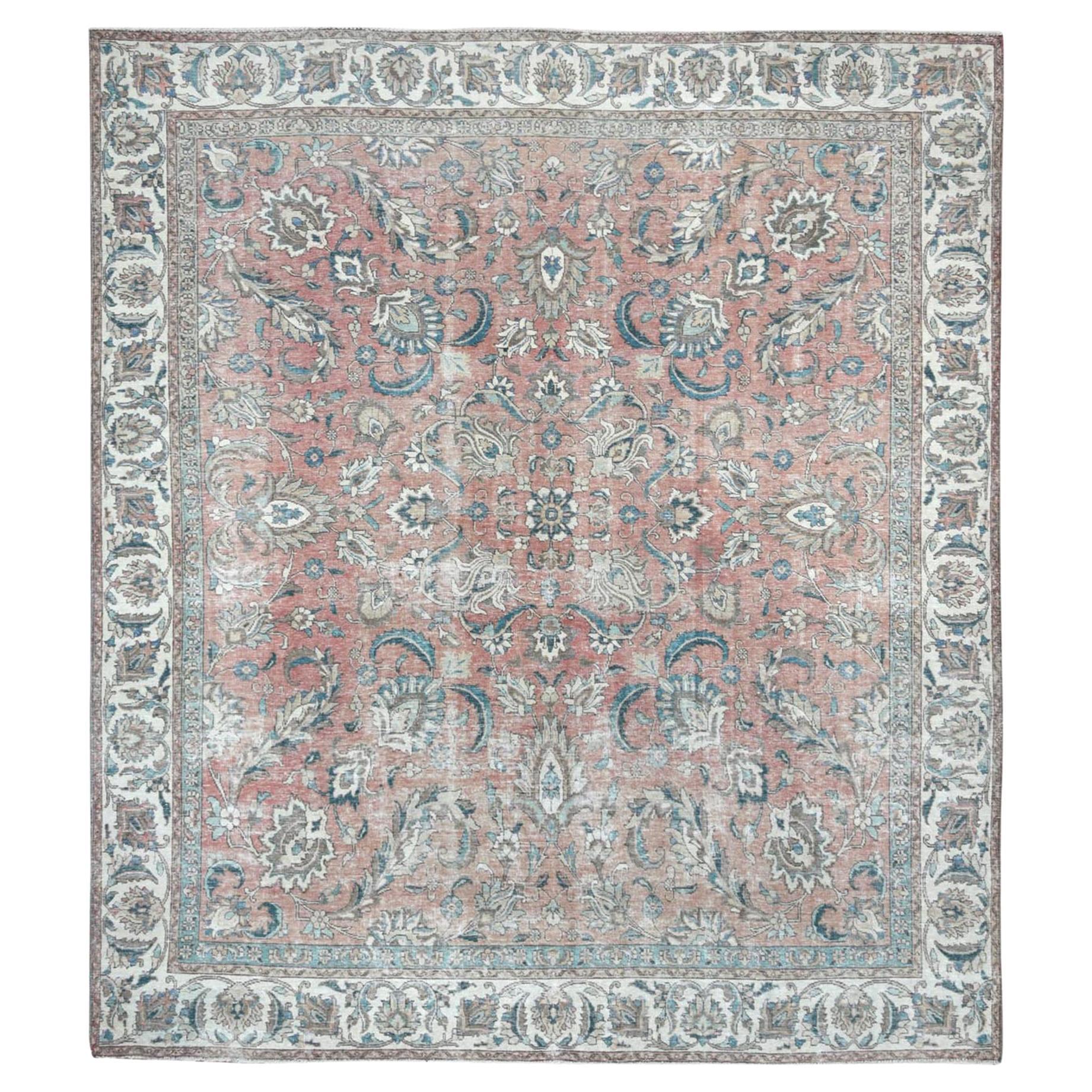 Light Red Vintage Persian Tabriz Hand Knotted Worn Wool Distressed Look Rug For Sale at 1stDibs