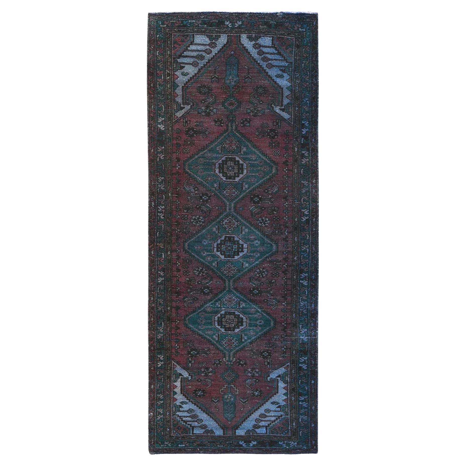 Light Red Overdyed Vintage Persian Hamadan Hand Knotted Pure Wool Worn Down Rug