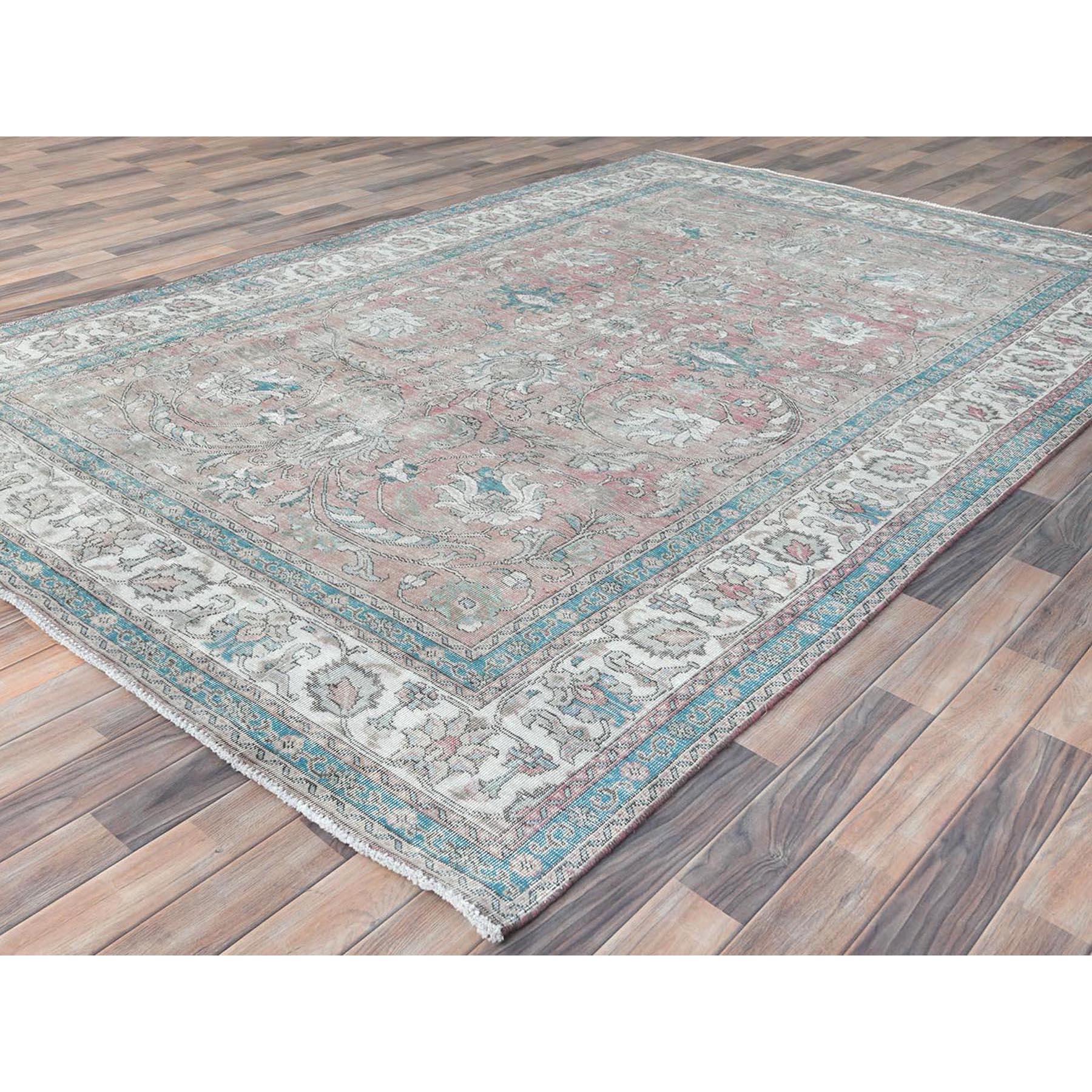 Light Red Vintage Persian Tabriz Distressed Look Worn Wool Hand Knotted Rug In Good Condition For Sale In Carlstadt, NJ