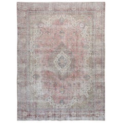 Light Red Vintage Persian Tabriz Worn Down Hand Knotted Pure Wool Oriental Rug