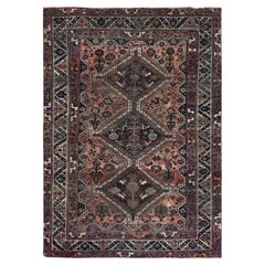 Light Red Worn Down Vintage Persian Shiraz Hand Knotted Distressed Pure Wool Rug
