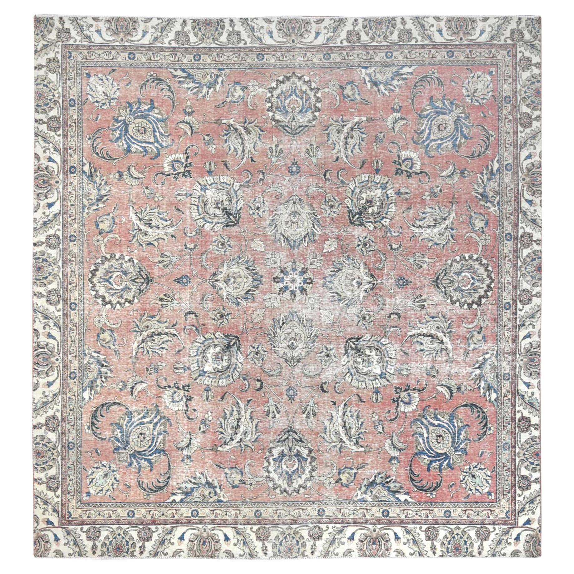 Light Red Vintage Persian Tabriz Hand Knotted Worn Wool Distressed Look Rug For Sale at 1stDibs