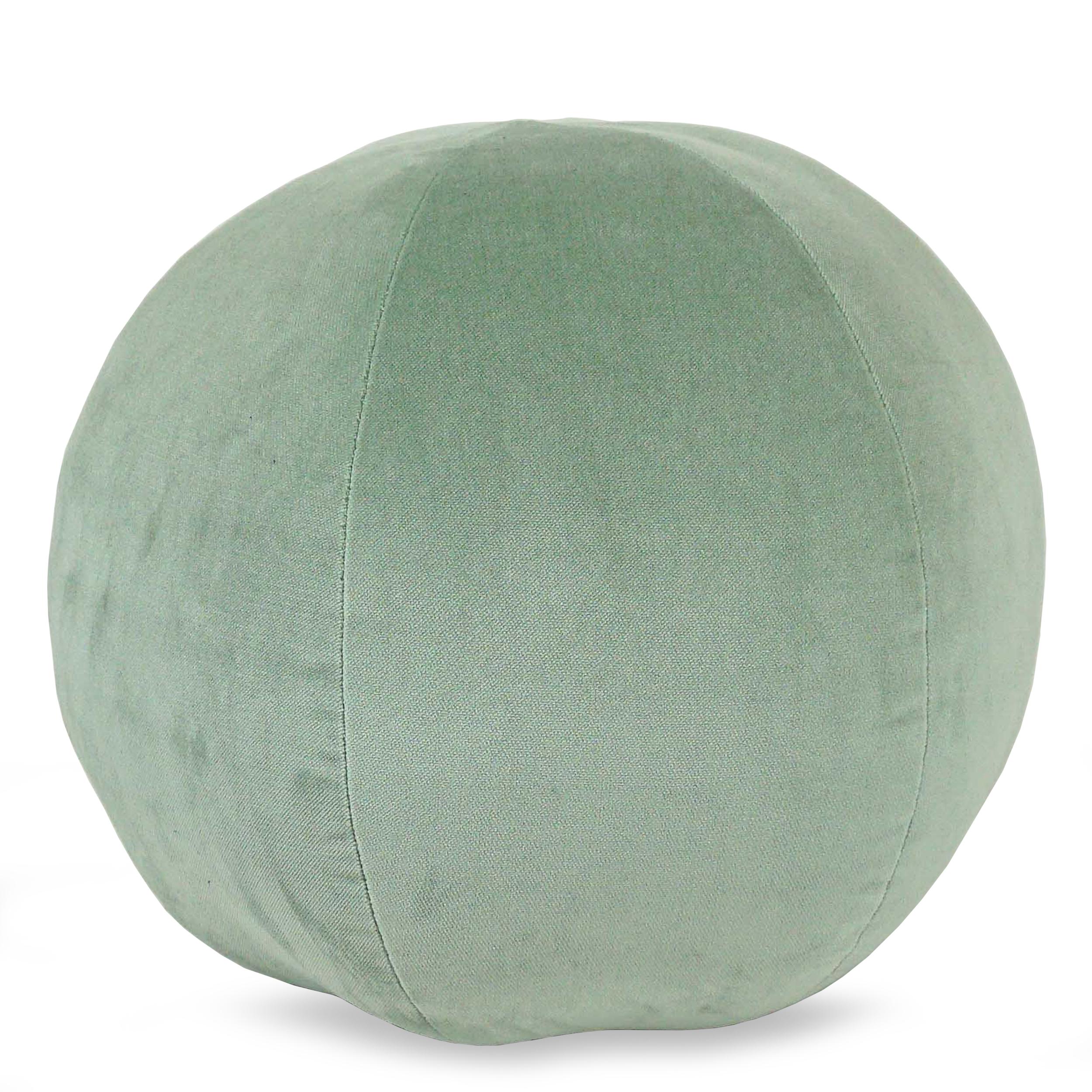 Hand sewn ball pillow is made in a soft light sage velvet fabric by Kravet firmly stuffed with down feathers. Can be customized in any fabric and size adjustments. Ask for current availability in fabric as shown. 

Measurements:
Outside 12” diameter