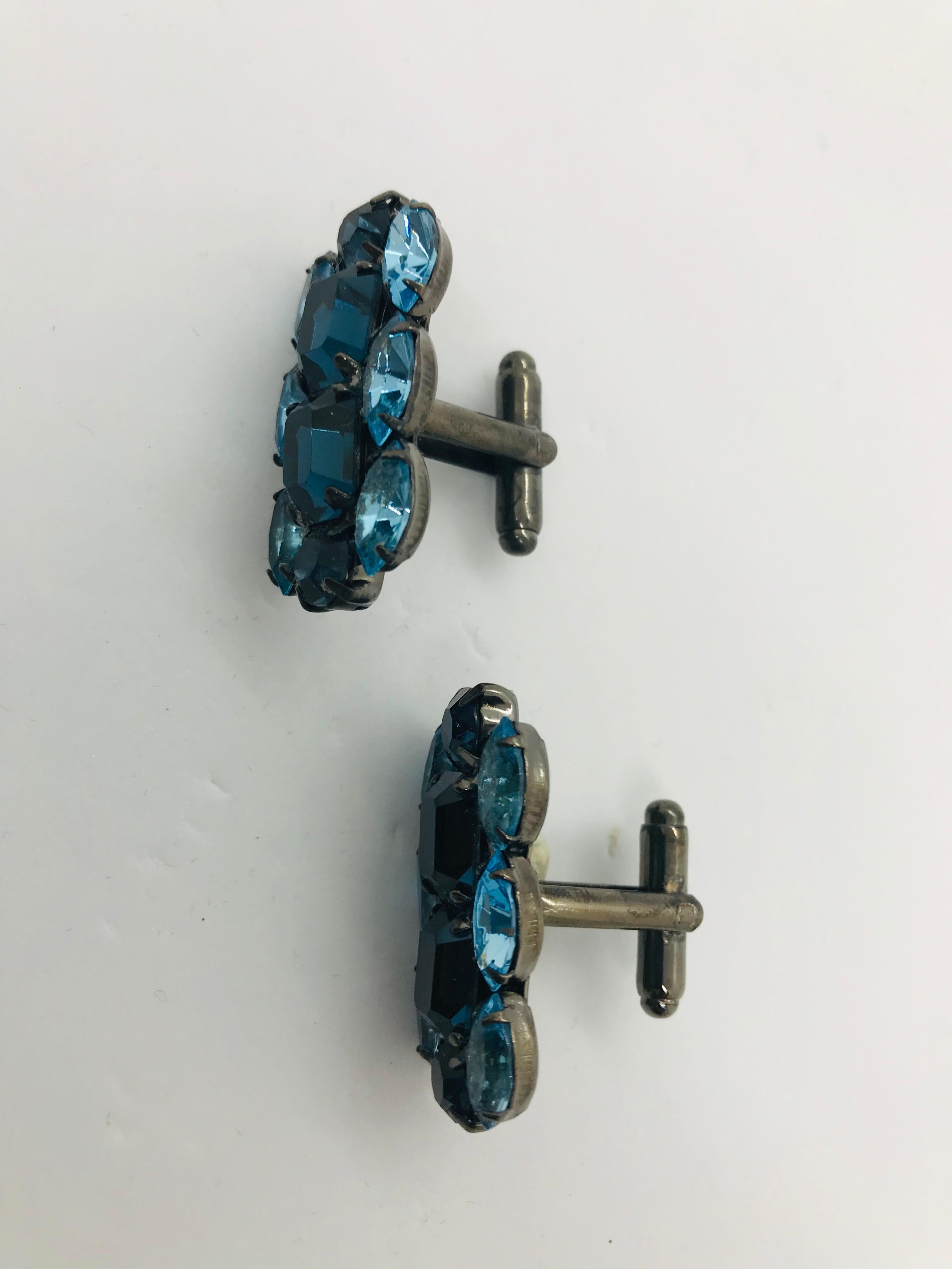 Emerald Cut Light Sapphire and Montana Blue Sapphire Austrian Crystal Cuff Links For Sale