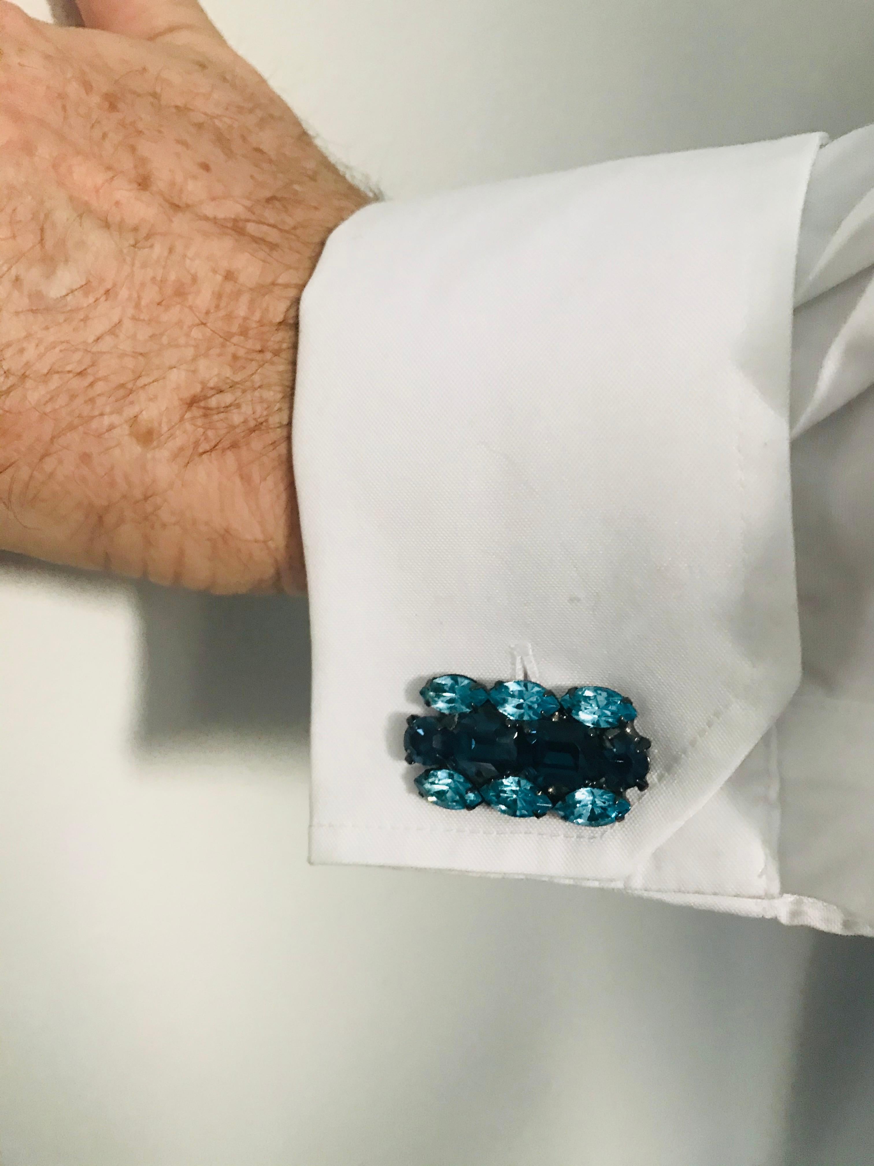 Men's Light Sapphire and Montana Blue Sapphire Austrian Crystal Cuff Links For Sale