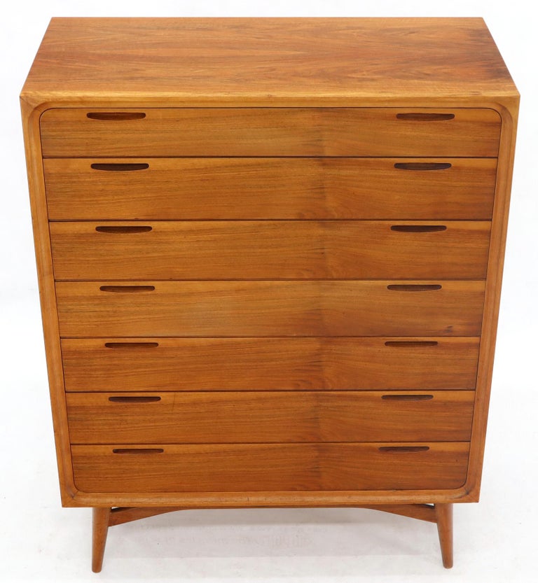 Scandinavian Light Walnut 7 Drawers High Chest Tall Legs For Sale