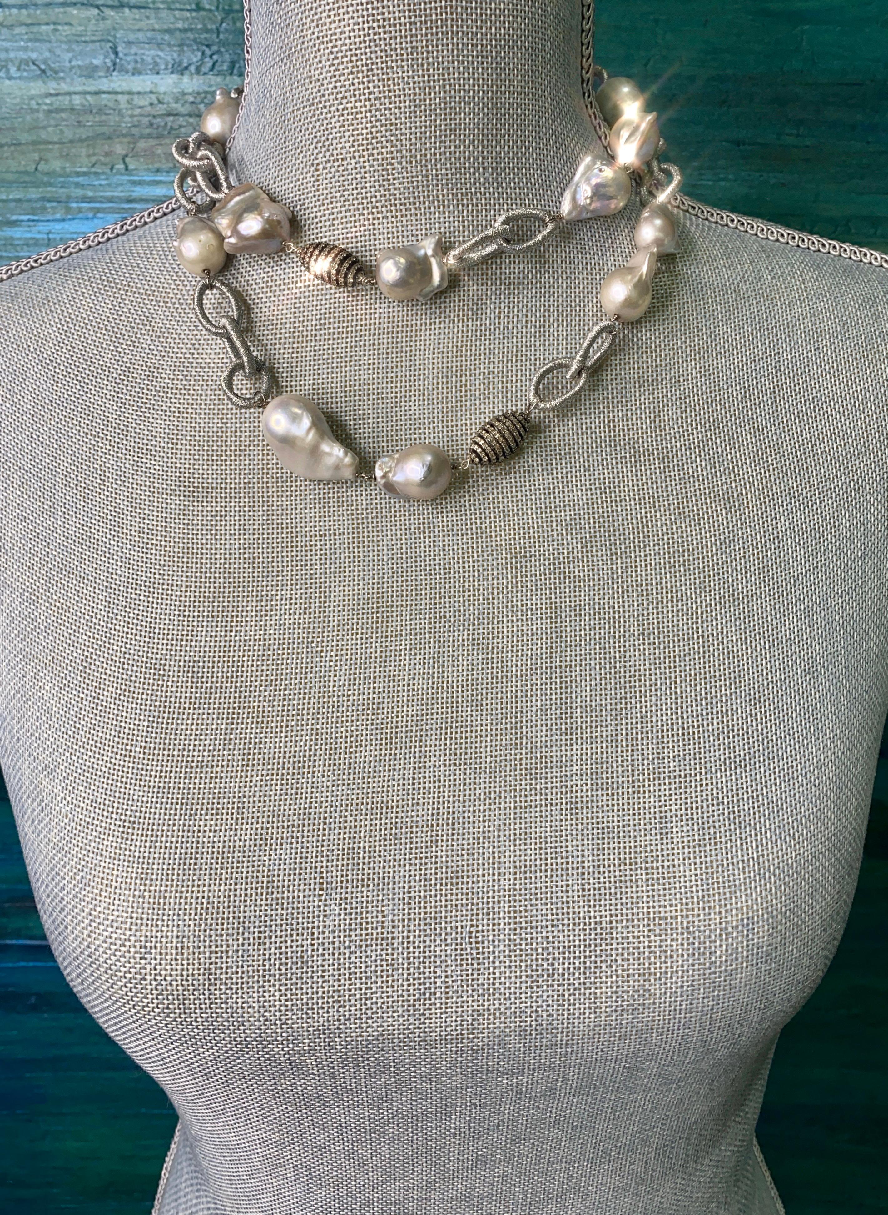 Round Cut Light Silver Baroque Freshwater Pearls with Diamond Beads and Clasp