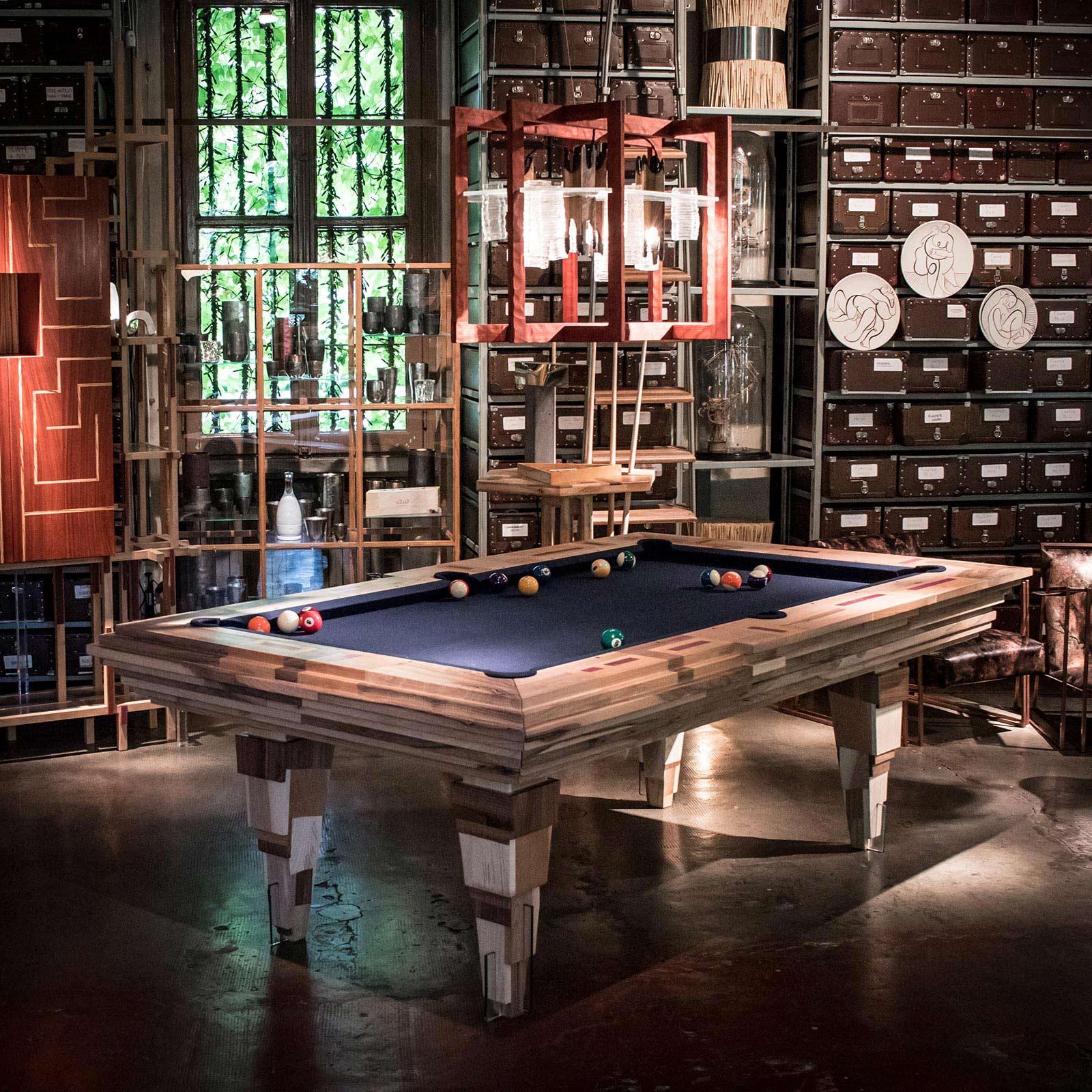 Italian 'Light Tropics' Handcrafted Pool Table and Cue Stand by Hillsideout For Sale