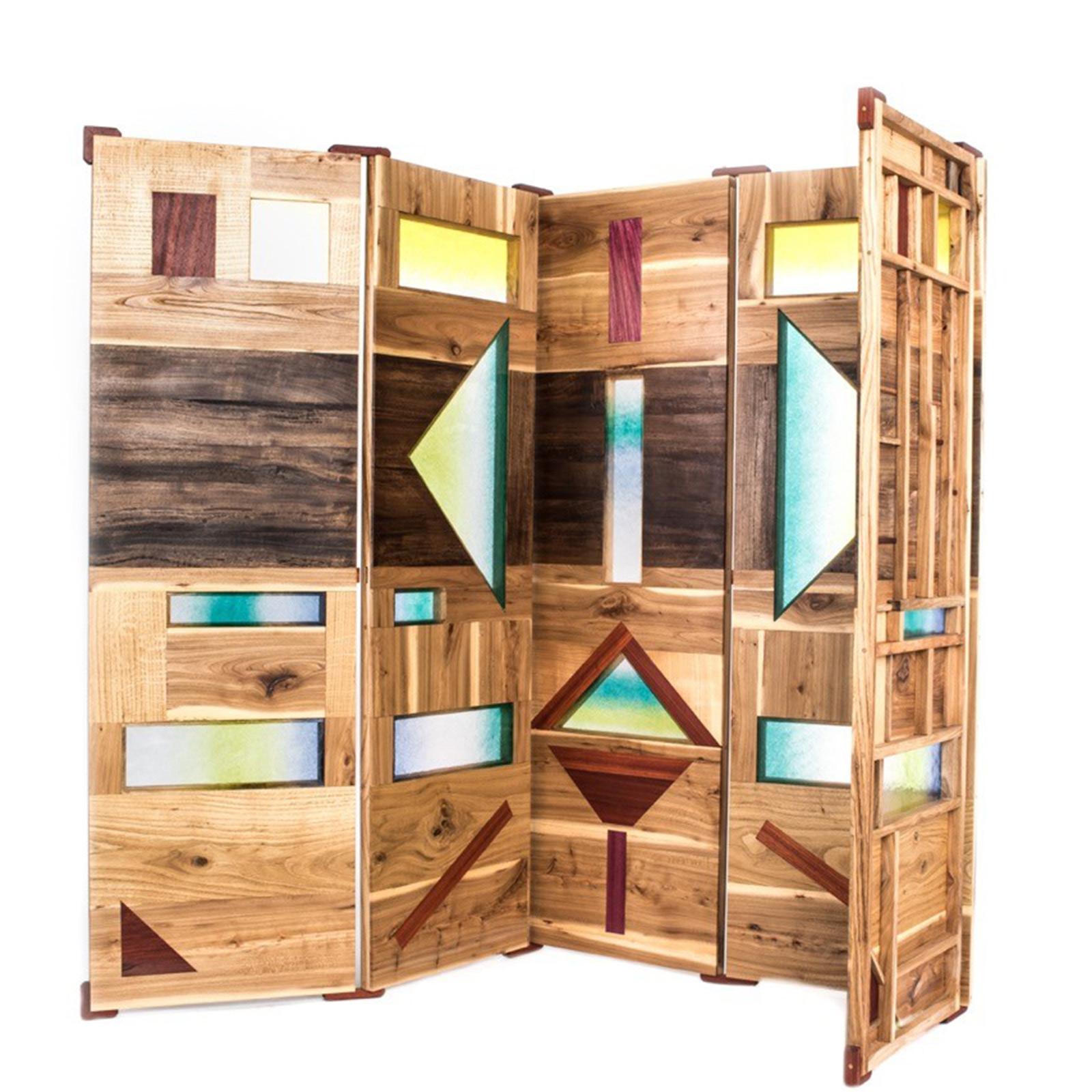 Italian 'Light Tropics' Wood Screen with Mutlicolor Murano Glass by Hillsideout For Sale