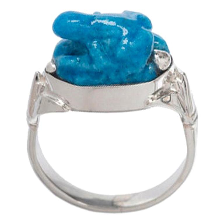 Light Turquoise Egyptian Faience Frog Ring Sterling Silver Egyptian Motif For Sale