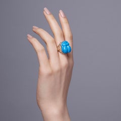 Light Turquoise Faience Frog Set in Sterling Silver Egyptian Motif Ring