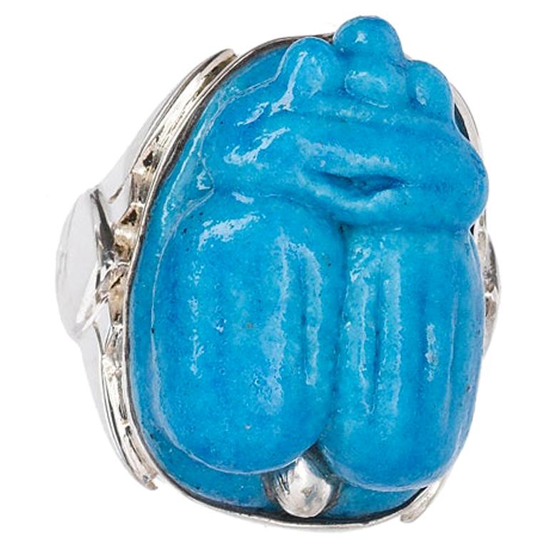 Light Turquoise Faience Frog Set in Sterling Silver Egyptian Motif Ring For Sale