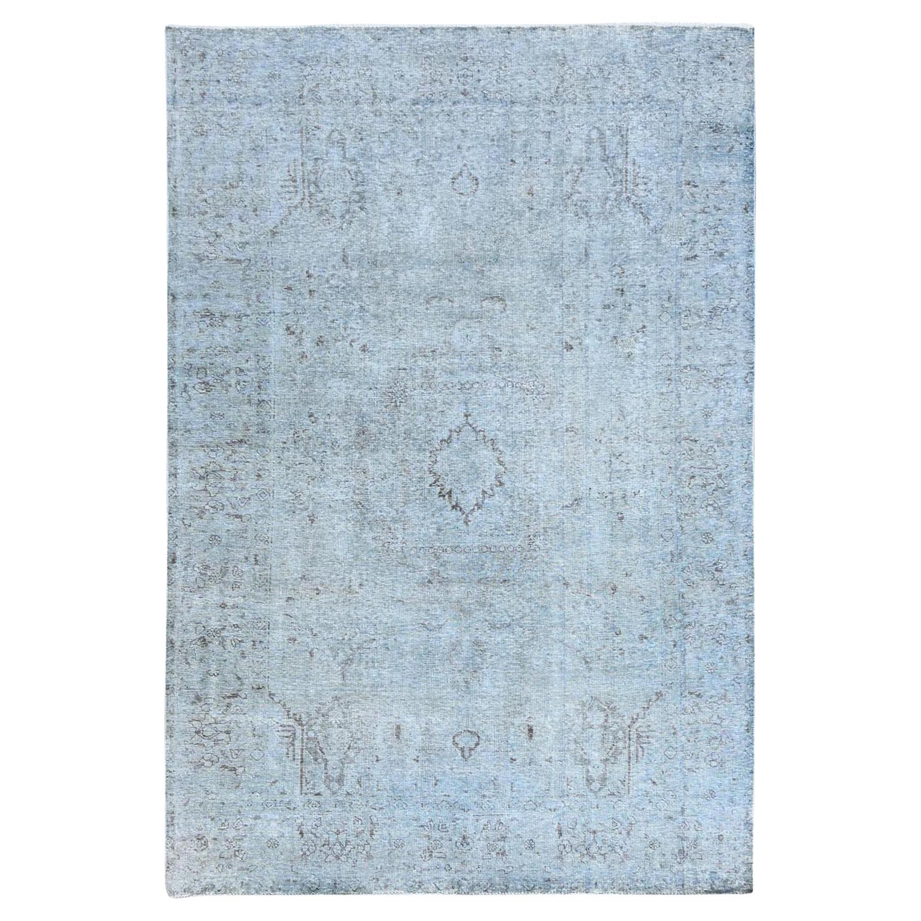 Light Turquoise Overdyed Old Persian Tabriz Rustic Feel Wool Hand Knotted Rug For Sale