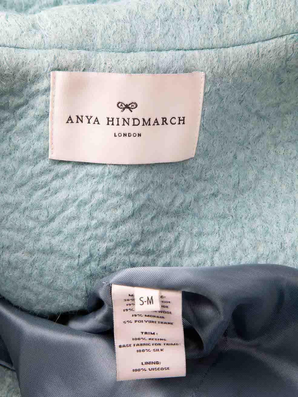 Anya Hindmarch Light Turquoise Wool Cold Shoulders Collar Coat Size M In Good Condition In London, GB