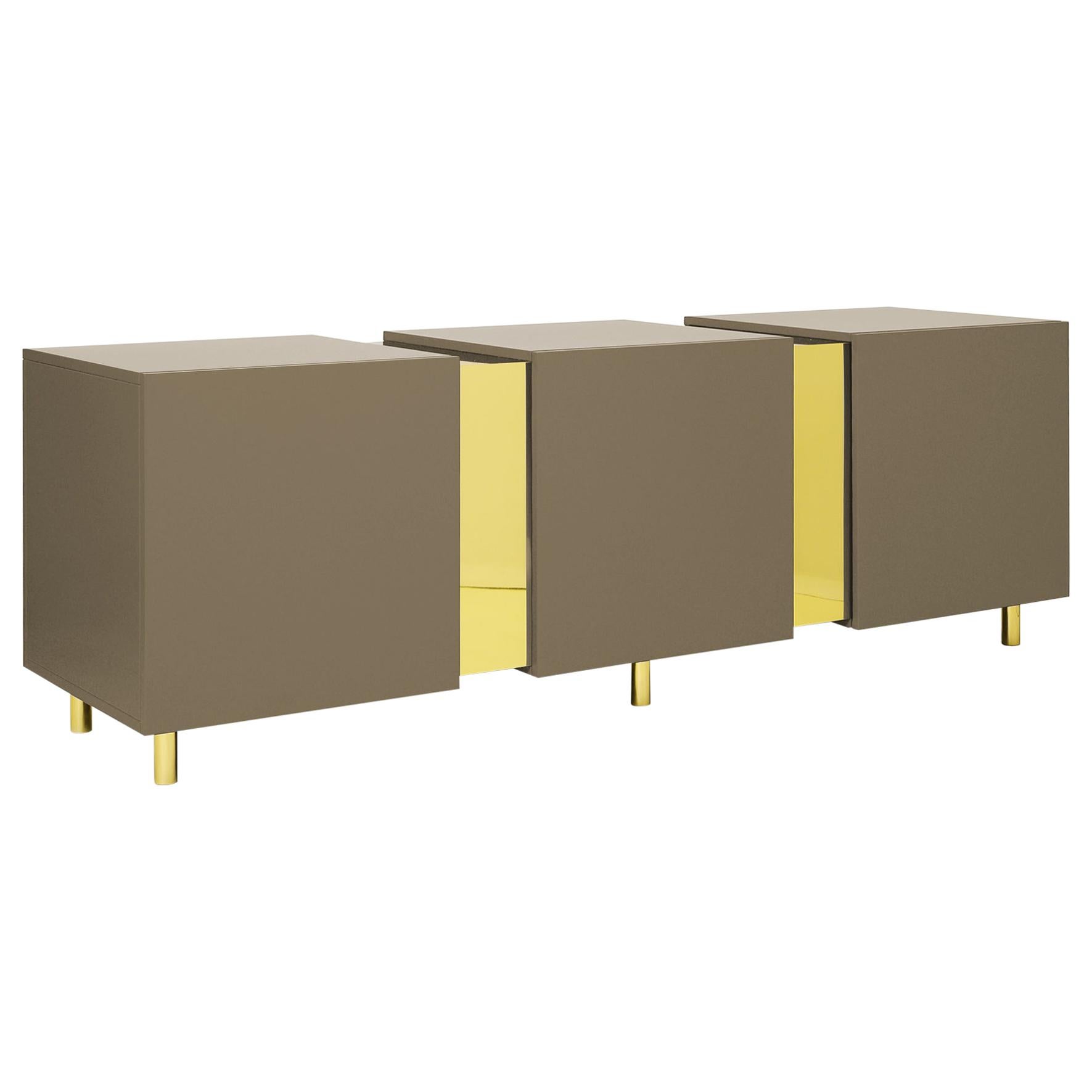 Light Turtle Dove Sideboard in Brass and Colorful LacqueredWood Geometric-Shaped For Sale