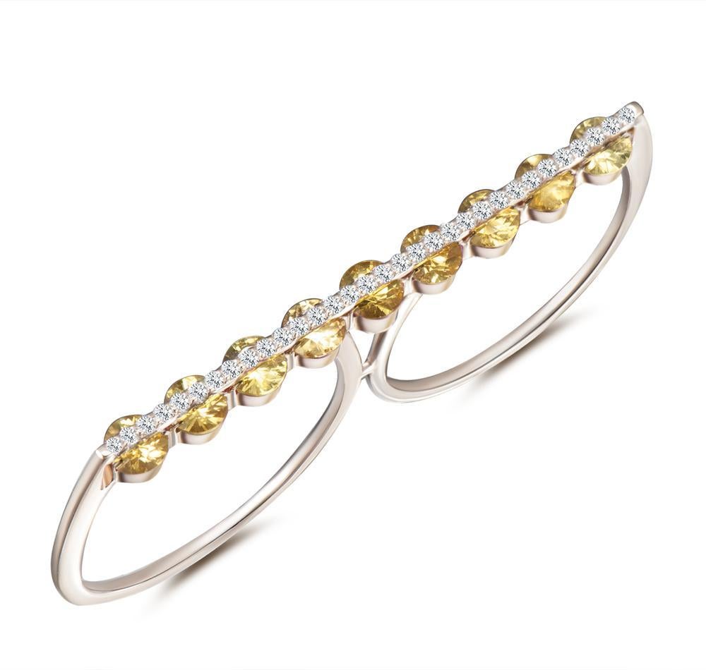 Round Cut Dual Two Finger Modern Ring, White Diamonds and Yellow Sapphires For Sale